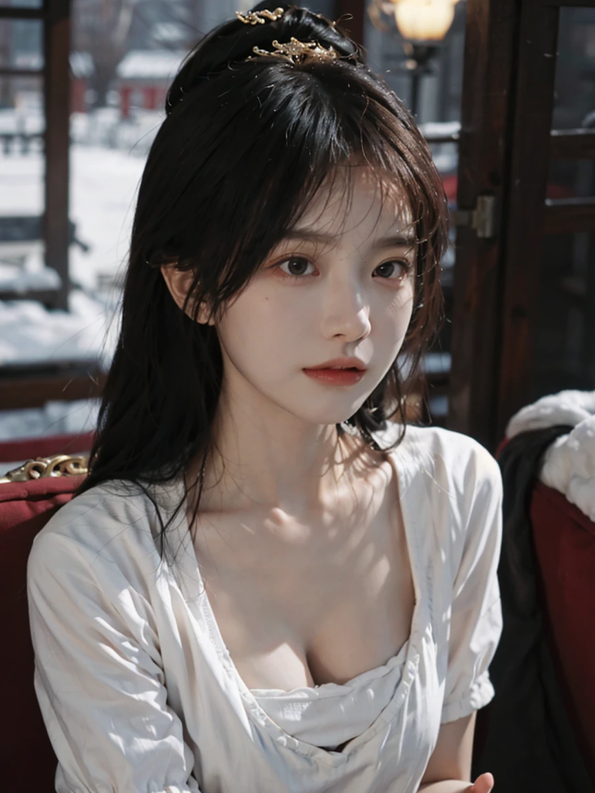 best quality, Ultra-high resolution, White background,(Upper Body:1.4)(Realistically:1.4), 2个girl,(Medium shot:1.4K Gold),Short sleeve,Lovely,atmosphere,twin,A pair of eyes as clear as snow,Royal sisters,girl,Looking at the audience, close up ,Cleavage(There are moles:1.5)