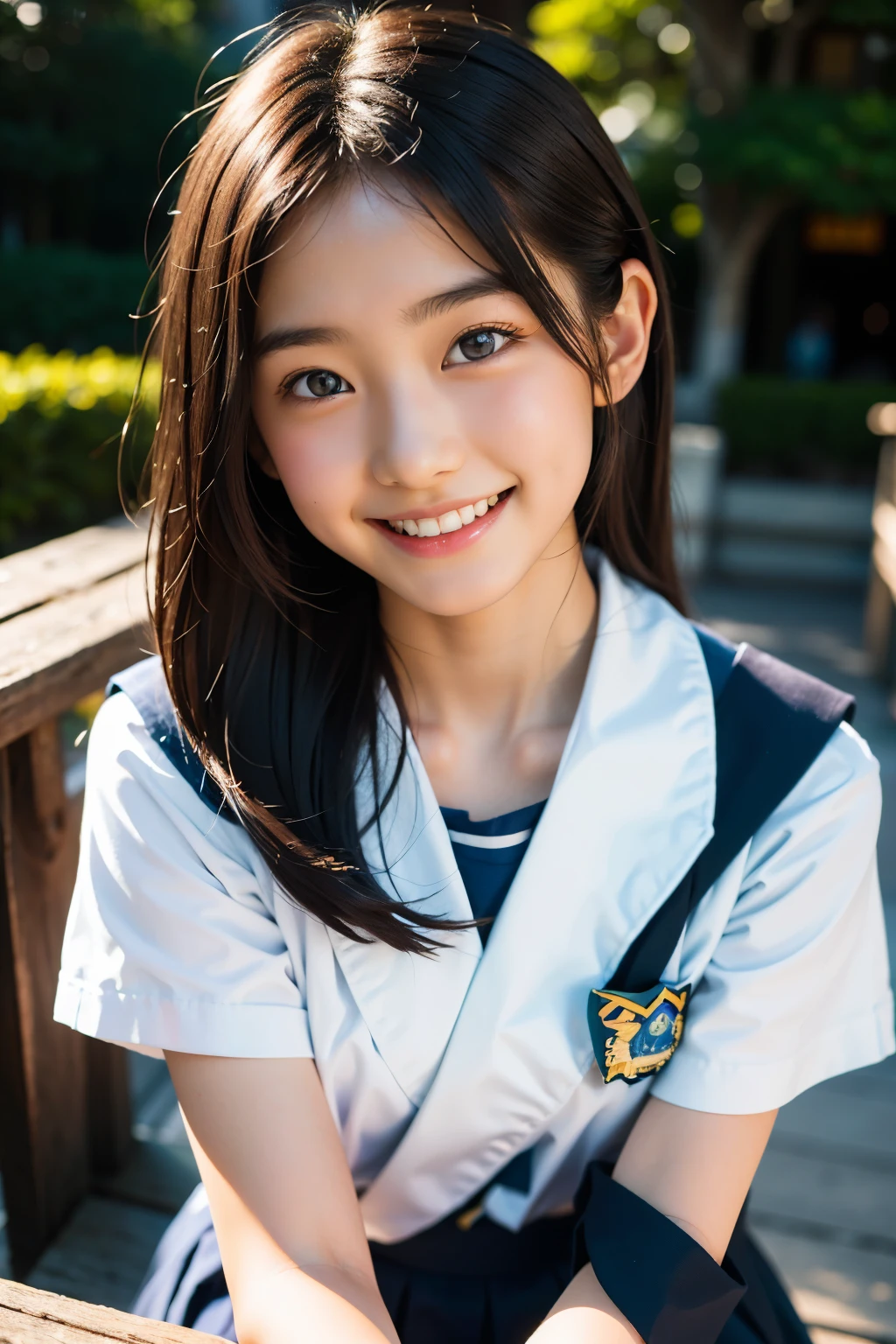 lens: 135mm f1.8, (highest quality),(RAW Photos), (Tabletop:1.1), (Beautiful 16 year old Japanese girl), Cute face, (Deeply chiseled face:0.7), (freckles:0.4), dappled sunlight, Dramatic lighting, (Japanese School Uniform), (On campus), shy, (Close-up shot:1.2), (smile),, (Sparkling eyes)、(sunlight)