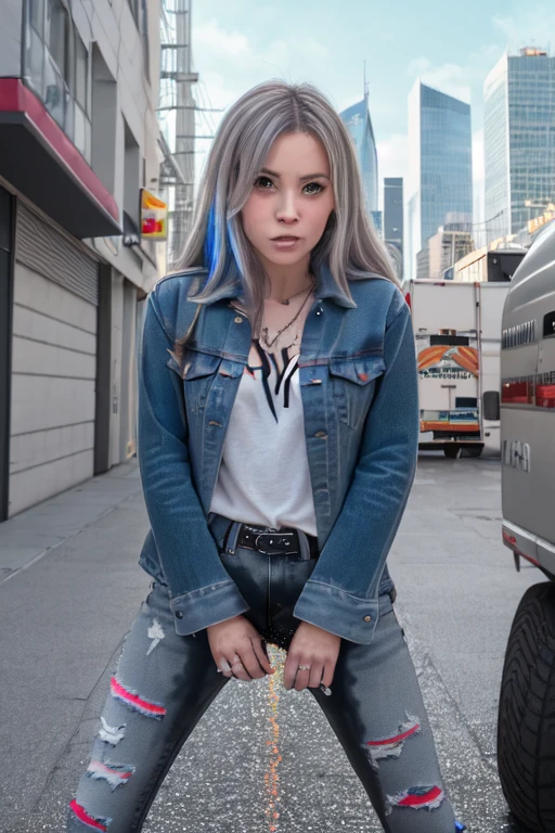 1girl,(solo:1.5),(solo focus:1.5),Cynthia,blonde hair,hair over one eye,hair ornament,very long hair,wavy hair,grey eyes,large breasts,standing,wetting self,peeing stain,black jeans,futuristic,city,neon lights,(best quality,4k,8k,highres,masterpiece:1.2),ultra-detailed,vivid colors,sharp focus,long hair flowing in the wind,(colorful skyscrapers:1.5),reflection in the wet pavement,futuristic cityscape as the background,streets lined with towering buildings,intricate details in Cynthia's face and hair,subtle reflections in her grey eyes,,intricate details depicting the large pee stain on Cynthia's jeans, big smile