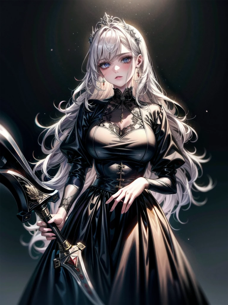 whole body, (bloody huge axe), sickly, black dress, face veil, mansion, hall, absurdres, RAW photo, extremely delicate and beautiful, masterpiece, Best Quality, ultra high resolution, 32k, hyperrealistic, ultra-detailed description, pale skin, 20 years old, detailed beautiful face and eyes, tearful mole, earring, Colossal tits, short medium wavy hair,