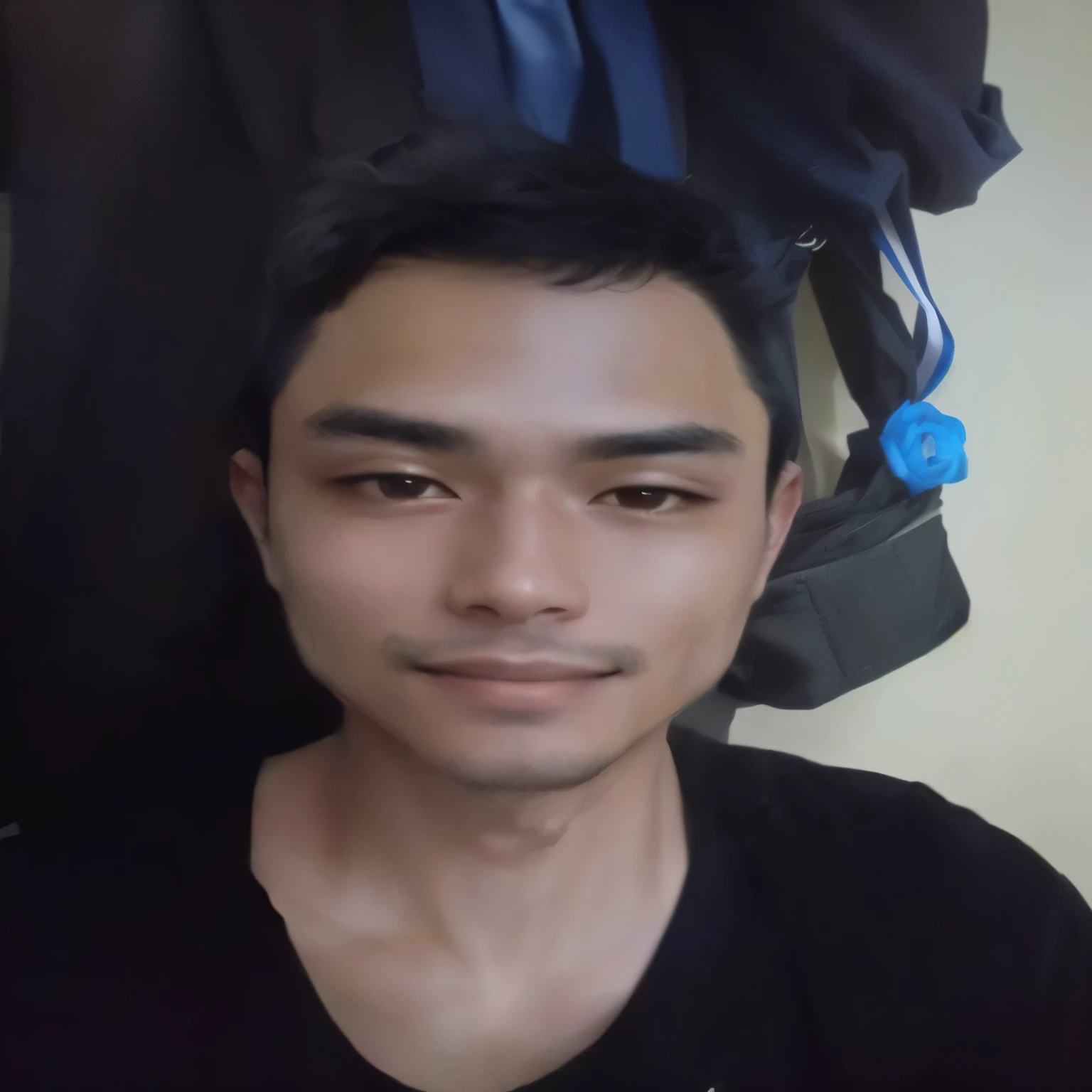 with accurate face, face picture, south east asian with round face, without beard, without beard and mustache,, clean shaven wide face, androgynous face, with no beard, 27 years old, very clear face, Wearing a black jacket, red tie, sweet smile, healthier skin, neat hair, black hair, thick eyebrows