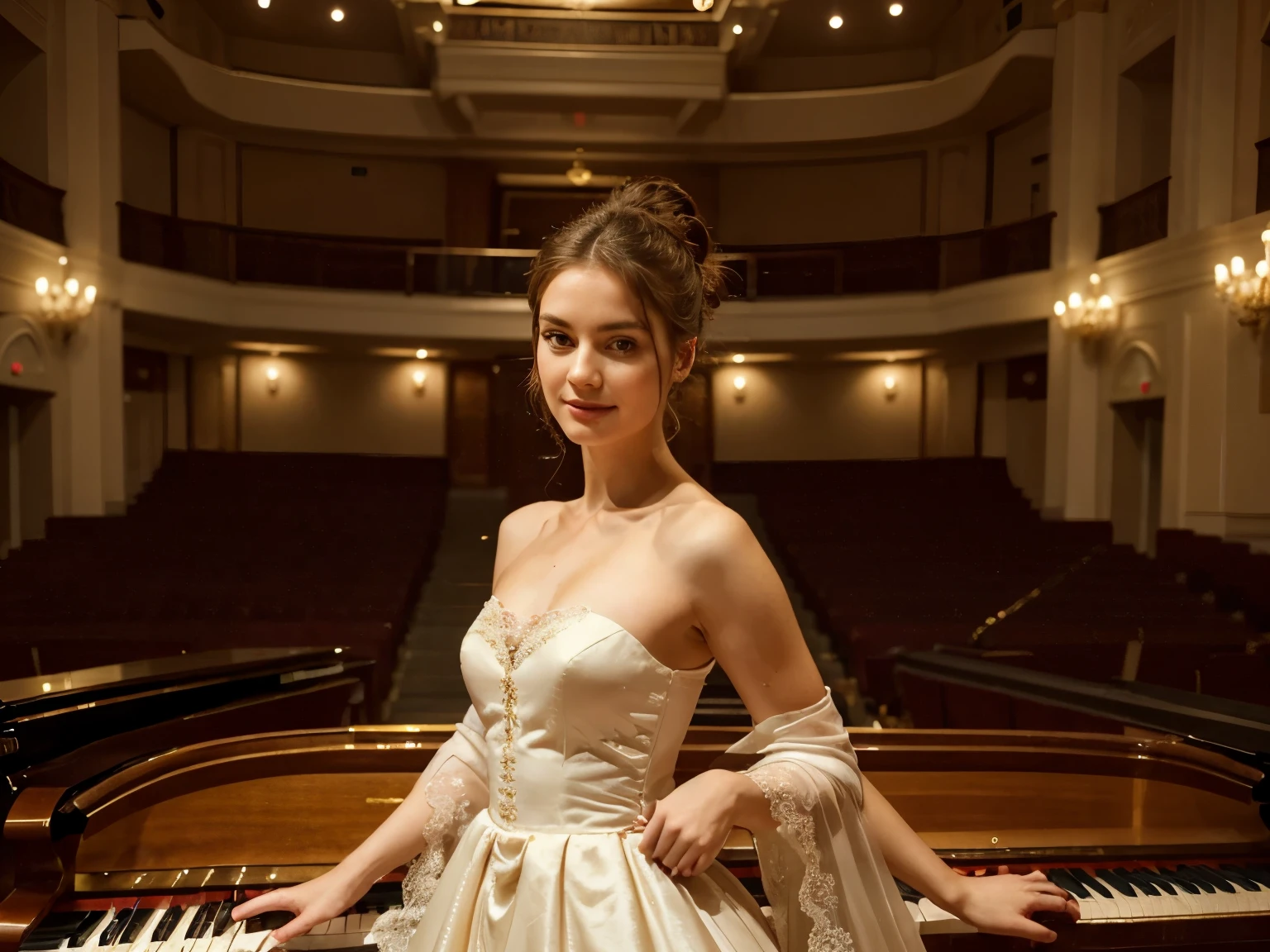 In this stunning image, a 30-year-old woman stands in an exclusive classical music hall in Vienna, completely devoted to her passion for the piano and musical performance. With her hair pulled back into an elegant low bun and a determined gleam in her hazel eyes, she radiates a mix of grace and talent.

Dressed in a designer evening dress, with lace details that enhance her slender figure and a delicate cape that falls elegantly over her shoulders, her style reflects her love for classic elegance and the dedication of her to the art of the piano. Her hands, well defined and elegant, with five fine and agile fingers, dance on the keys with incomparable dexterity, creating a melody that captivates everyone present in the room.

The photograph, captured in a moment of pure emotion and concentration, highlights the majesty of the music room and the palpable passion that the woman pours into her performance. Her stage presence is magnetic, drawing the audience's attention and transporting them to a world of beauty and harmony.

With a serene gaze and a satisfied smile, she embodies the essence of classical art and musical excellence. Her passion for the piano and her innate talent make her an inspiring figure in the world of music, leaving a lasting impression on the hearts of all who have the privilege of hearing her play.