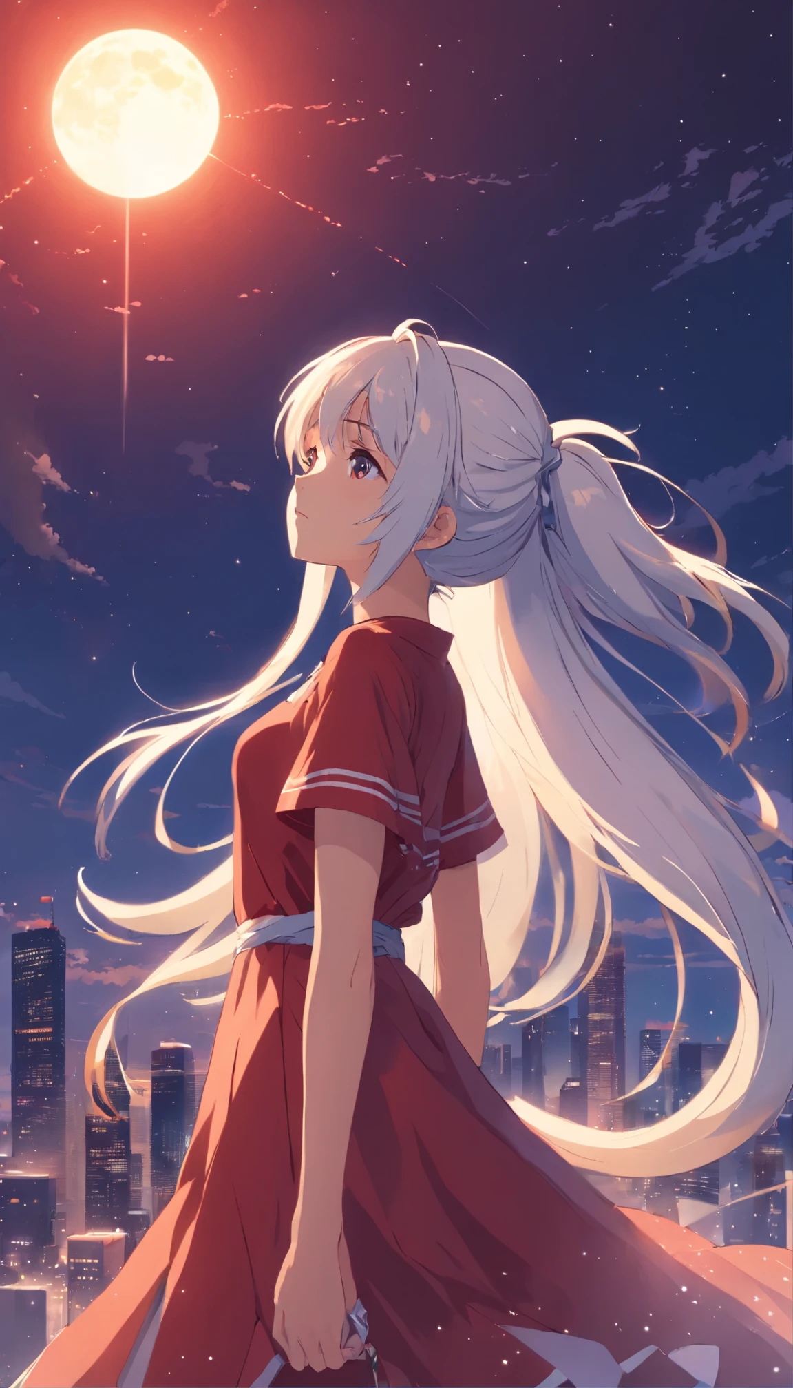 A pixel art masterpiece featuring the lonely figure of a girl with cascading white hair in a ponytail。She is wearing a red gothic dress、The fabric is delicate yet、Menacing against a simple gold background。Her expression is intense、With a death gaze、Solar eclipse background、It exudes an aura of mystery and intrigue.。