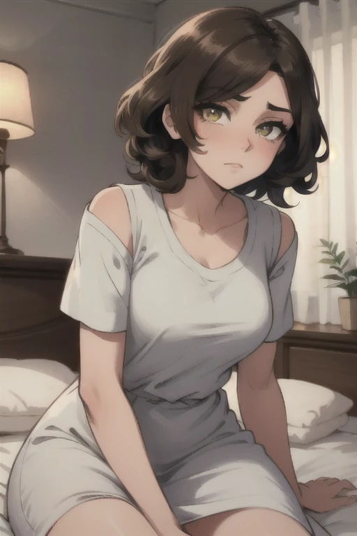 Plano cerano una mujer con vestido, camiseta lisa blanca marron claro, Pelo corto ondulado, Ojos color avellana brillantes, bright amber eye, penetrantes ojos brillantes, hermoso, Delicate Features, dulce, short curly girl with smooth brown hair, -ultra resolution 8k wavy from the middle down, Shoulder length brown bob haircut sitting on the back of the bed - sitting on the bed - close-up photo - 8k