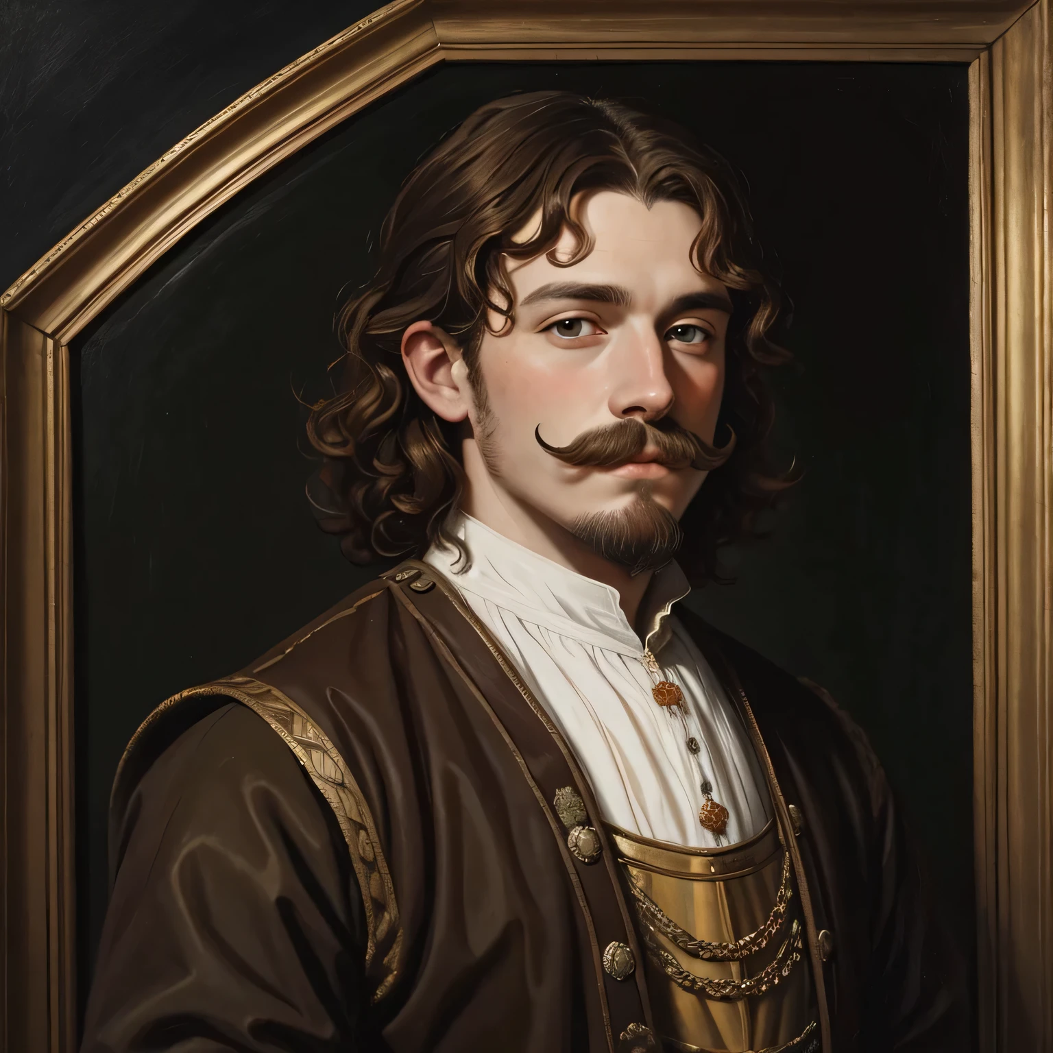 Oil painting of a medieval young earl, 16th century oil painting portrait, Alfie Owen-Allen, oil painting filter, curly brown hair, english moustache, young face