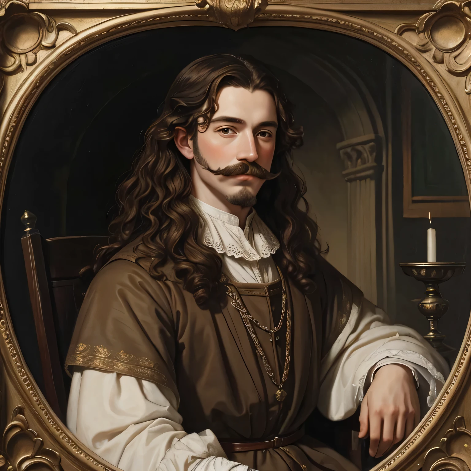 Oil painting of a medieval young earl, 16th century oil painting portrait, Alfie Owen-Allen, oil painting filter, curly brown hair, english moustache, young face