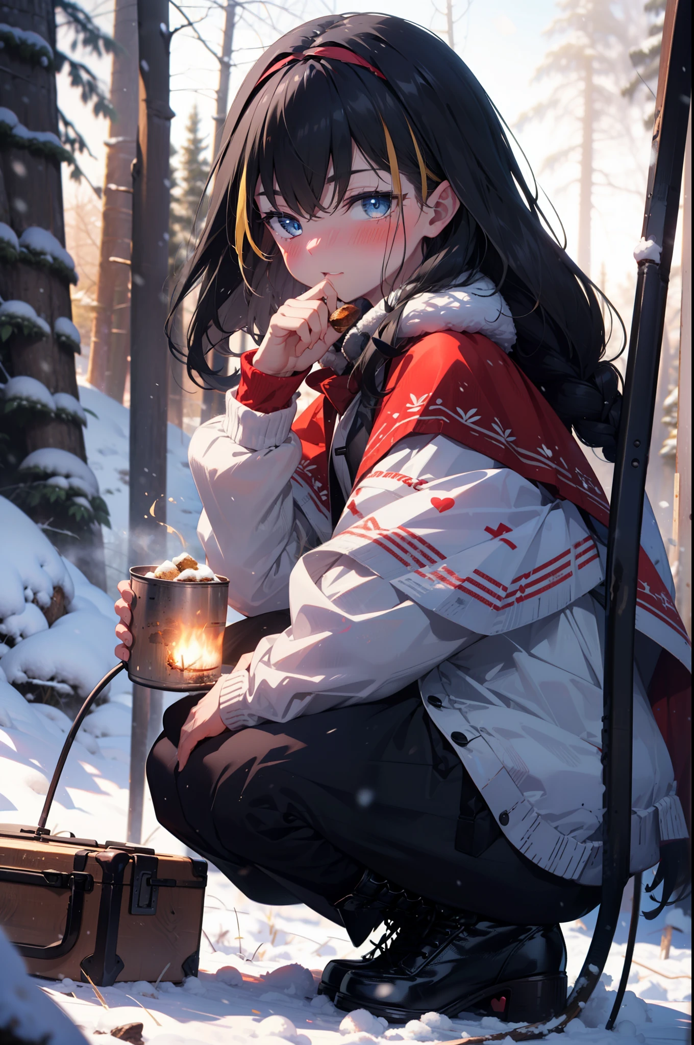 small, small, Black Hair, blue eyes, demon tail, hair band, Long Hair, mechanical tail, Multicolored Hair, tail, smile,blush,White Breath,
Open your mouth,snow,Ground bonfire, Outdoor, boots, snowing, From the side, wood, suitcase, Cape, Blurred, having meal, forest, White handbag, nature,  Squat, Mouth closed, Cape, winter, Written boundary depth, Black shoes, red Cape break looking at viewer, Upper Body, whole body, break Outdoor, forest, nature, break (masterpiece:1.2), highest quality, High resolution, unity 8k wallpaper, (figure:0.8), (beautiful detailed eyes:1.6), extremely detailed face, Perfect lighting, extremely detailed CG, (Perfect hands, Perfect Anatomy),