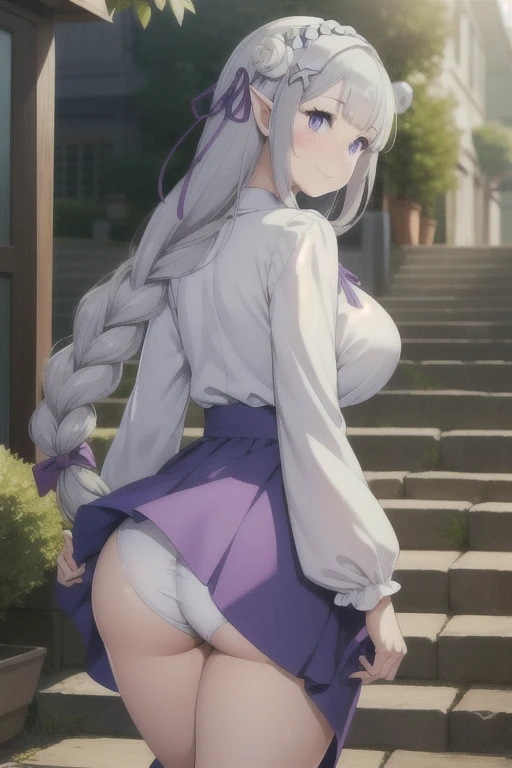 (masterpiece:1.2, best quality:1.2, beautiful, high quality, highres:1.1, aesthetic), detailed, extremely detailed, ambient soft lighting, 4K, perfect eyes, perfect face, perfect lighting, 1girl, solo, huge breasts, huge ass, huge thighs, narrow waist, wide hips, thick thighs, curvy, standing, focus on her ass, back to the viewer, walking up stairs, Emilia, Emilia from re zero, long hair, silver hair, blunt bangs, braid, hair ornament, hair flower, hair ribbon, purple ribbon blue pupils, purple eyes, ringed eyes, elf, mini skirt, skirt flip, showing pantys, blushing,sweating, (breathing hard), (panting), anime, smile, outdoors, (masterpiece:1.2), highres, best quality, 8k, very clear,