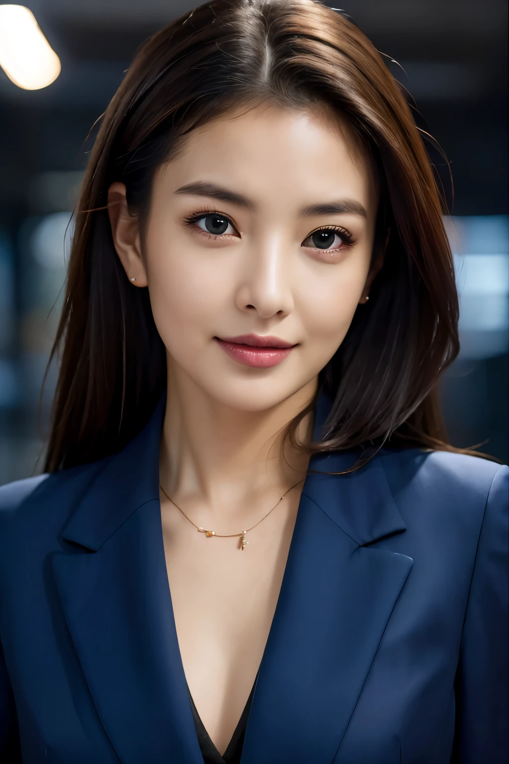 最high quality, 8k, masterpiece, Realistic, high quality, Beautiful and exquisite face and eyes, OL, Dark blue suit, Half Body Shot, Professional Lighting, Vibrant colors, Confident expression, Facing forward, (Looking into the camera), Modern office environment, Warm tones, Sharp details, Glossy finish, Cleavage