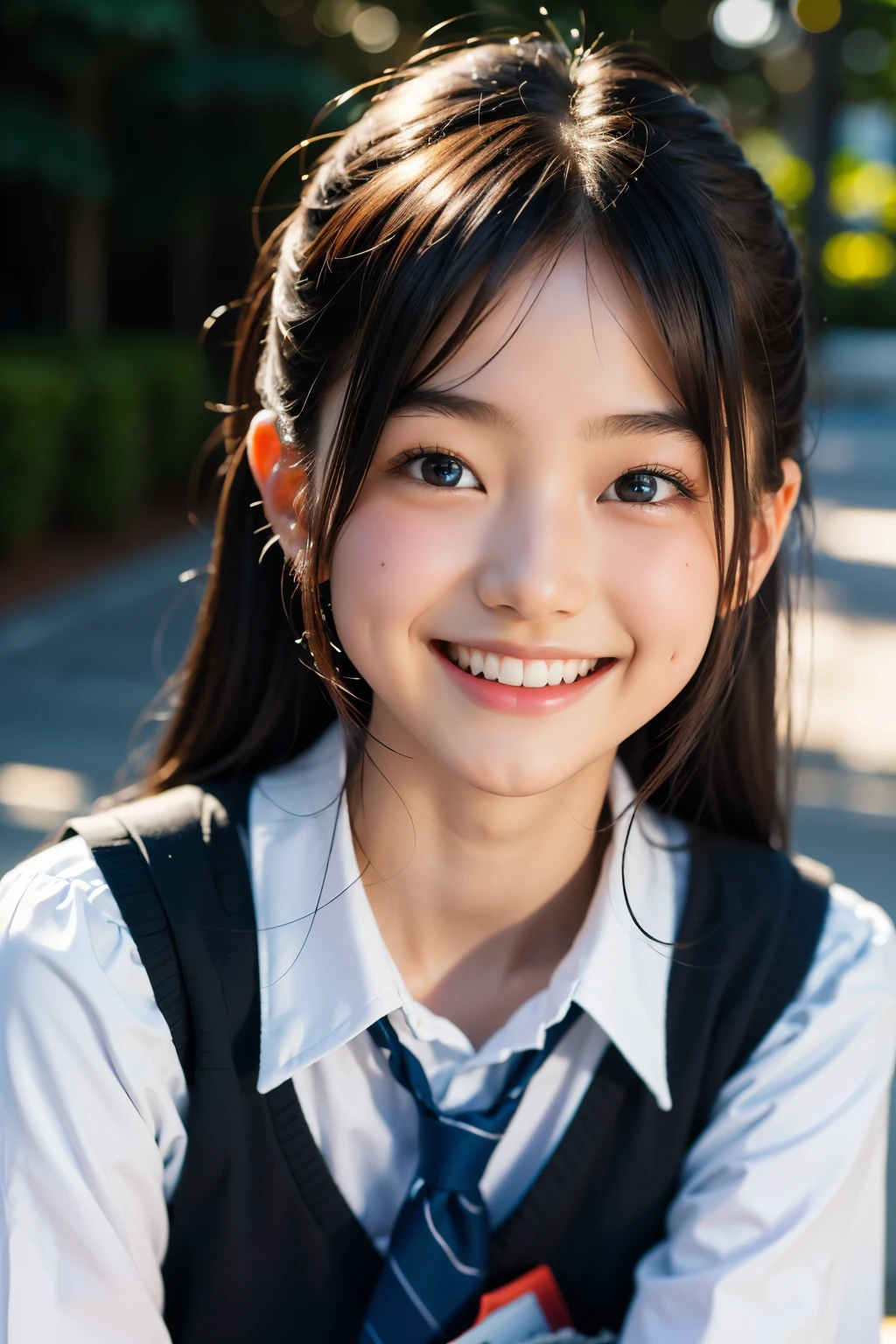 lens: 135mm f1.8, (highest quality),(RAW Photos), (Tabletop:1.1), (Beautiful 16 year old Japanese girl), Cute face, (Deeply chiseled face:0.7), (freckles:0.4), dappled sunlight, Dramatic lighting, (Japanese School Uniform), (On campus), shy, (Close-up shot:1.2), (smile),, (Sparkling eyes)、(sunlight)