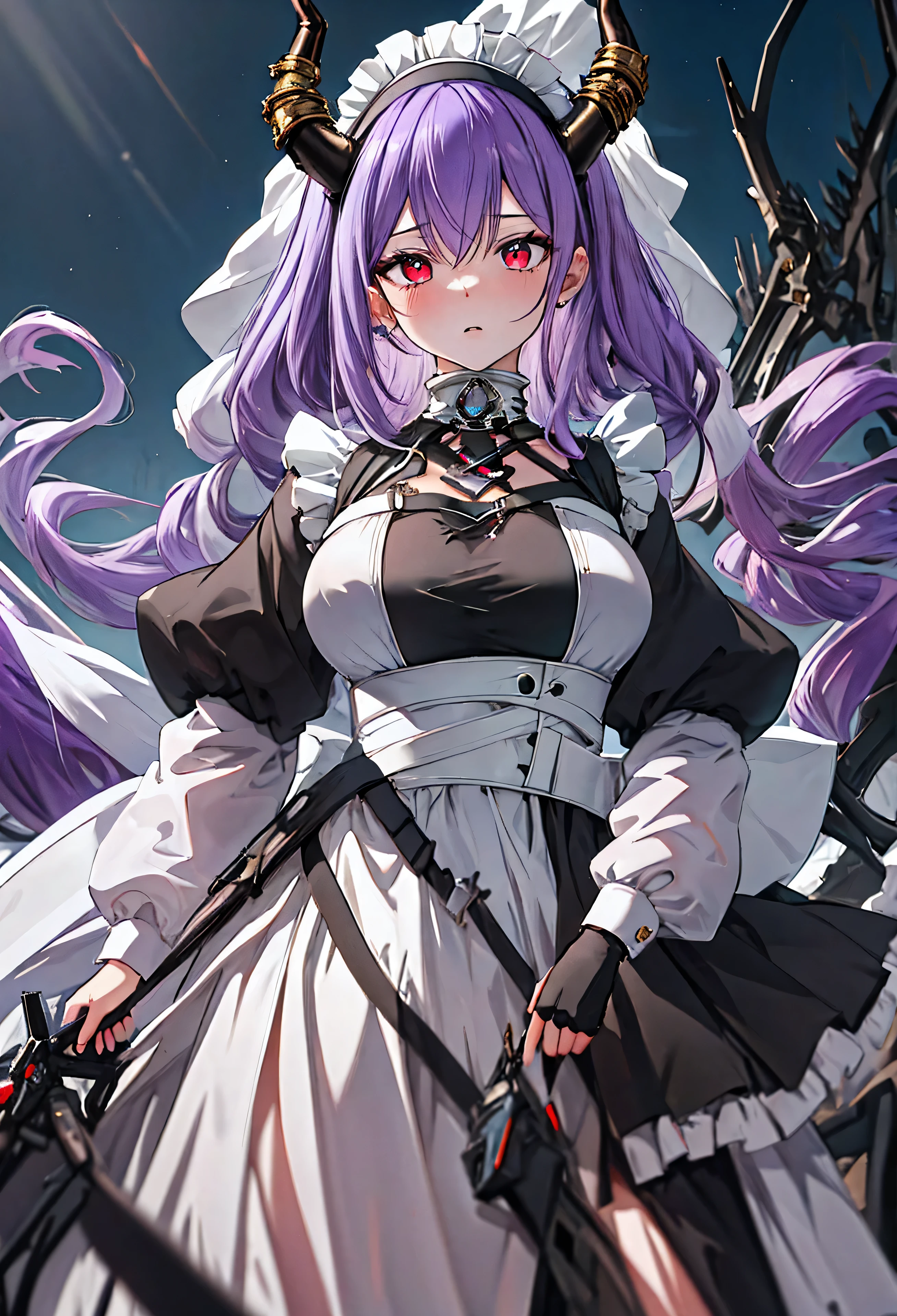 Typhon| Ark Knight, dragon horns, dragon tail, very long hair, hairband, purple hair, red eyes,  In a dark night, an eunectes_arknights stands alone, with her very long hair flowing down. She is wearing a hairband and her hair is purple. Her eyes are piercing red. The artwork is of the best quality, a masterpiece in high resolution. The eunectes_arknights is dressed as a maid, wearing a long maid dress that adds a touch of elegance to her appearance. She is 21 years old., Expressing anger, angry,