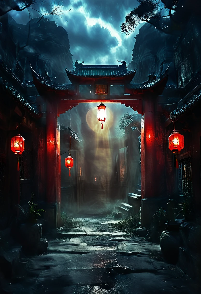 (best quality,high resolution:1.2),Super detailed,Practical:1.37,a transparent ghost in midnight,Chinese temple gate,jungle,desolate,,dark,barren land,weird,mystery,horrible,Ominous Red,unforgettable,desolate,unmanned,(((Dark sky)))，Transparent ghost photo，Holding a lantern, moonlight, heavily clouded, dark幻想插画风格, dark艺术, High contrast, dark的阴影, Atmospheric perspective , Melancholic colors, Film composition, Volumetric Lighting, number, Brushstrokes, Dramatic Lighting, Low Angle, Surrealism, Ultra Detailed, Surrealism