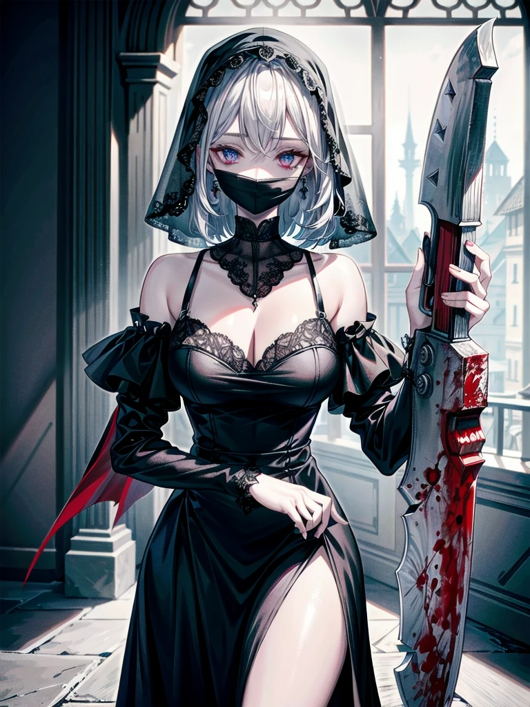 whole body, (bloody huge axe), sickly, black dress, face veil, mansion, hall, absurdres, RAW photo, extremely delicate and beautiful, masterpiece, Best Quality, ultra high resolution, 32k, hyperrealistic, ultra-detailed description, pale skin, 20 years old, detailed beautiful face and eyes, tearful mole, earring, Colossal tits, short medium wavy hair, 