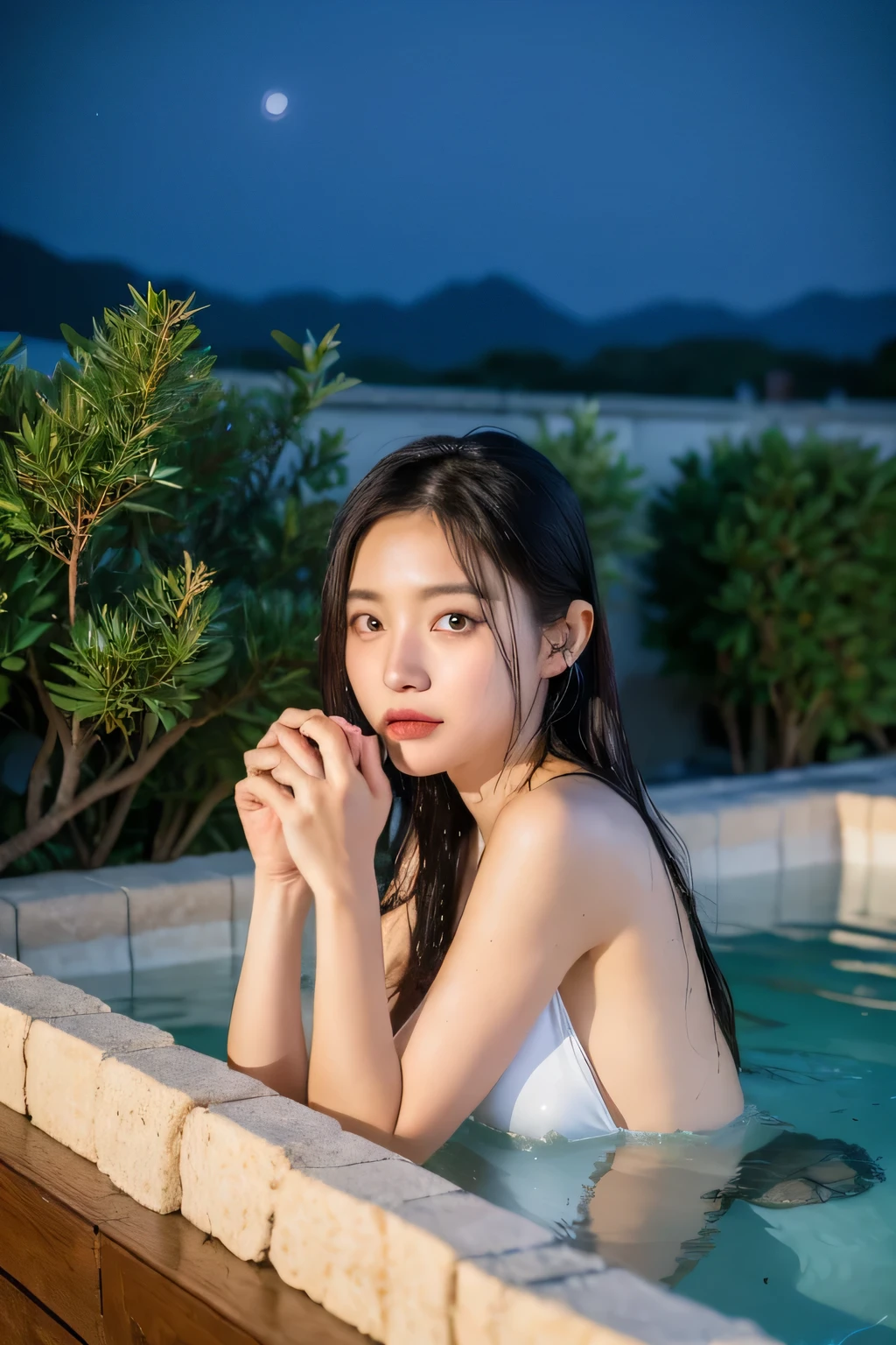 Artistic nudes、Erect penis、(night:1.7), East Asian architecture, 1 Female,sit on tatami, Brunette color hair,(Hair between the eyes), Lip valve, (20-year-old:1.3),(beautiful shiny straight short long:1.3),beautiful fingers,beautiful long legs,Beauty Body,Cute Nose,beautiful character design,Perfect Eye,Perfect face,View your viewers,(Innocent_big_eye:1.0),(Light_笑face:0.3),Official Art,Very detailed CG Unity 8k wallpaper、bright_front_face_Lighting,(masterpiece:1.0),(Highest_quality:1.0), 超A high resolution,4K,Super detailed, photo shoot, 8k, Hmph, High resolution, Absurd:1.2, Kodak Portrait 400, Film Grain, Lens flare brilliance, (beautiful_face:1.5),8k,RAW Photos, 、Relax in a Japanese hot spring inn、(The subject is the first hot spring trip with a girl:1.3) (Draw an open-air bath more widely:1.2) (Girls are not test subjects:1.3) The room at the inn is messy (Girl standing on balcony:1.3) (Hair after bath:1.3),( ,(Wet hair:1.3),((beautifully depicts depth and width:1.3)),((The open-air bath is surrounded by a Japanese garden and large rocks., With just two small Lights.:1.3)),((You can see a beautiful starry sky.:1.3))(Hiding erogenous zones in the open-air bath:1.2)(Girls are not test subjects:1.3),((White and soft skin:1.3)),(((Like the whole body:1.3))(I prepared a bed for sex:1.2)Girl is in bed naked((The open-air bath is a mountain stream open-air bath surrounded by large natural stones..........:1.6))