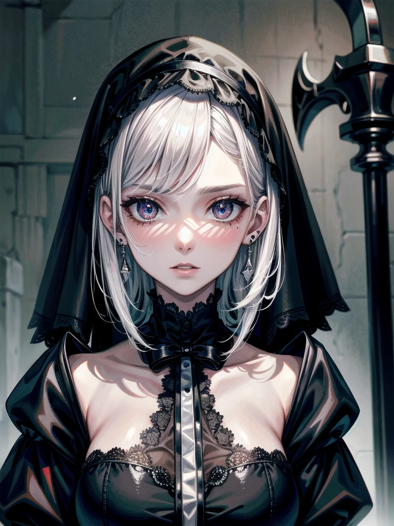 whole body, (bloody huge axe), sickly, black dress, face veil, mansion, hall, absurdres, RAW photo, extremely delicate and beautiful, masterpiece, Best Quality, ultra high resolution, 32k, hyperrealistic, ultra-detailed description, pale skin, 20 years old, detailed beautiful face and eyes, tearful mole, earring, Colossal tits, short medium wavy hair,