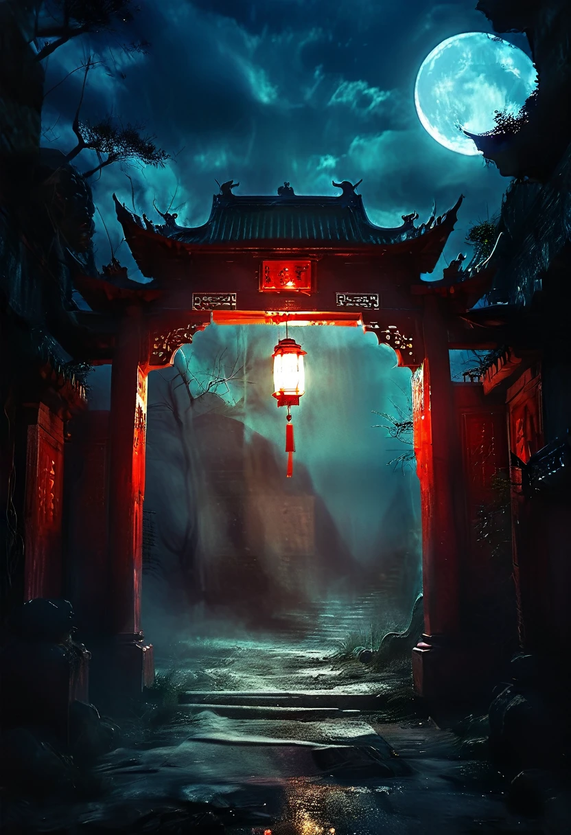 (best quality,high resolution:1.2),Super detailed,Practical:1.37,a transparent ghost in midnight,Chinese temple gate,jungle,desolate,,dark,barren land,weird,mystery,horrible,Ominous Red,unforgettable,desolate,unmanned,(((Dark sky)))，Transparent ghost photo，Holding a lantern, moonlight, heavily clouded, dark幻想插画风格, dark艺术, High contrast, dark的阴影, Atmospheric perspective , Melancholic colors, Film composition, Volumetric Lighting, number, Brushstrokes, Dramatic Lighting, Low Angle, Surrealism, Ultra Detailed, Surrealism