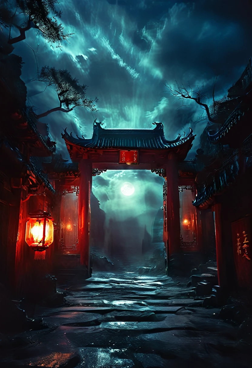 (best quality,high resolution:1.2),Super detailed,Practical:1.37,a transparent ghost in midnight,Chinese temple gate,jungle,desolate,,dark,barren land,weird,mystery,horrible,Ominous Red,unforgettable,desolate,unmanned,(((Dark sky)))，Transparent ghost photo，Holding a lantern, moonlight, heavily clouded, dark幻想插画风格, dark艺术, High contrast, dark的阴影, Atmospheric perspective , Melancholic colors, Film composition, Volumetric Lighting, number, Brushstrokes, Dramatic Lighting, Low Angle, Surrealism, Ultra Detailed, Surrealism