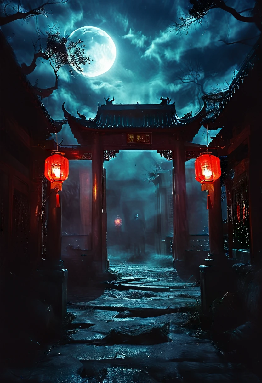 (best quality,high resolution:1.2),Super detailed,Practical:1.37,a transparent ghost in midnight,Chinese temple gate,jungle,desolate,,dark,barren land,weird,mystery,horrible,Ominous Red,unforgettable,desolate,unmanned,(((Dark sky)))，Transparent ghost photo，Holding a lantern, moonlight, heavily clouded, dark幻想插画风格, dark艺术, High contrast, dark的阴影, Atmospheric perspective , Melancholic colors, Film composition, Volumetric Lighting, number, Brushstrokes, Dramatic Lighting, Low Angle, Surrealism, Ultra Detailed, Surrealism