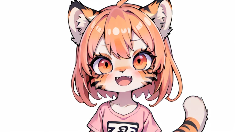 (masterpiece, High quality, Best quality, 8k, High resolution), ((chibii style, chibi cute)), (solo, 1 kid girl), {tiger girl, tiger face, 2 fangs, long eyelashes, eyeliner} {tiger whiskers}, (((Tiger skin all over the body, Tiger stripes on the body))), (orange hair), short hair, hair clip, [[hair clip white flower on hair]], ((very happy)), ((open mouth)), orange eyes, [black pupile], ((looking up)), (very small breasts), thin arms, (one Arm up, one arm down), armpits, ((mini pink T-shirt, full pink T-shirt)), {white shorts}, {{{mini tiger Tail, Tail on the back}}}, (full body), (((standing, jumping chopped angle))), dynamic pose, white background, simple background, ((((Tora-chan no Hanayome style)))), (old anime 40s style), anime style, anime color.