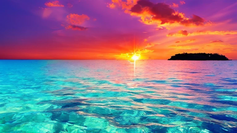 「With the clear ocean of Okinawa in the foreground,、Create a thumbnail image that shows the colorful coral reef on the bottom.。This sea sparkles in the sunlight.、Gentle ripples spread across the water surface。In the background, a small island can be seen in the distance.、The sky is clear and blue.。This image is 16:With an aspect ratio of 9、Aim for clear, vibrant visuals that are perfect for YouTube thumbnails。To enhance visual engagement、Brighten the image、Make it colorful but still highlight the natural beauty.。」