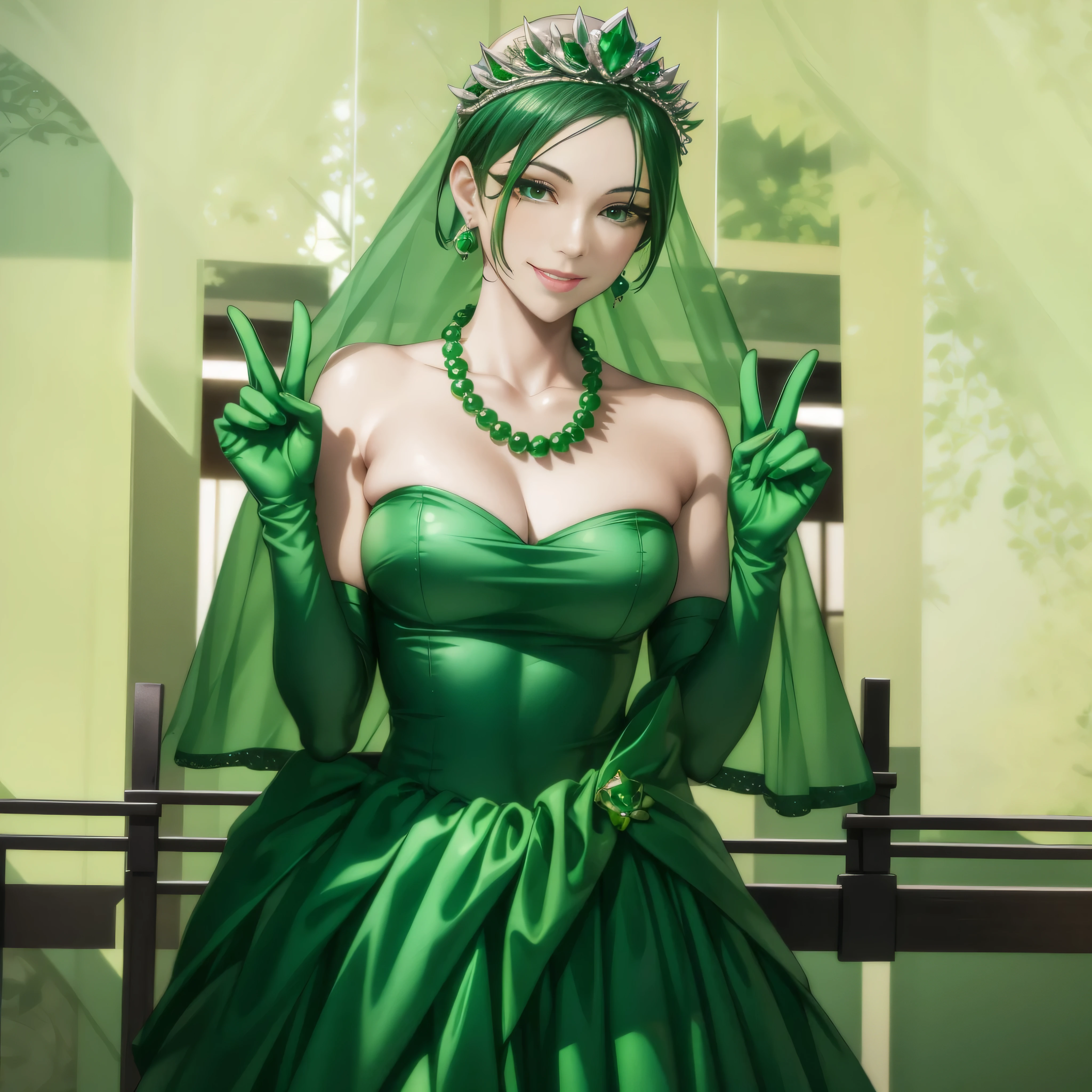Emerald tiara, Green Pearl Necklace, Boyish very short green hair, lipstick, Smiling Japanese woman, Very short hair, beautiful, Green Eyes, Long green satin gloves, Green Eyes, v sign, Emerald Earrings, Green Veil