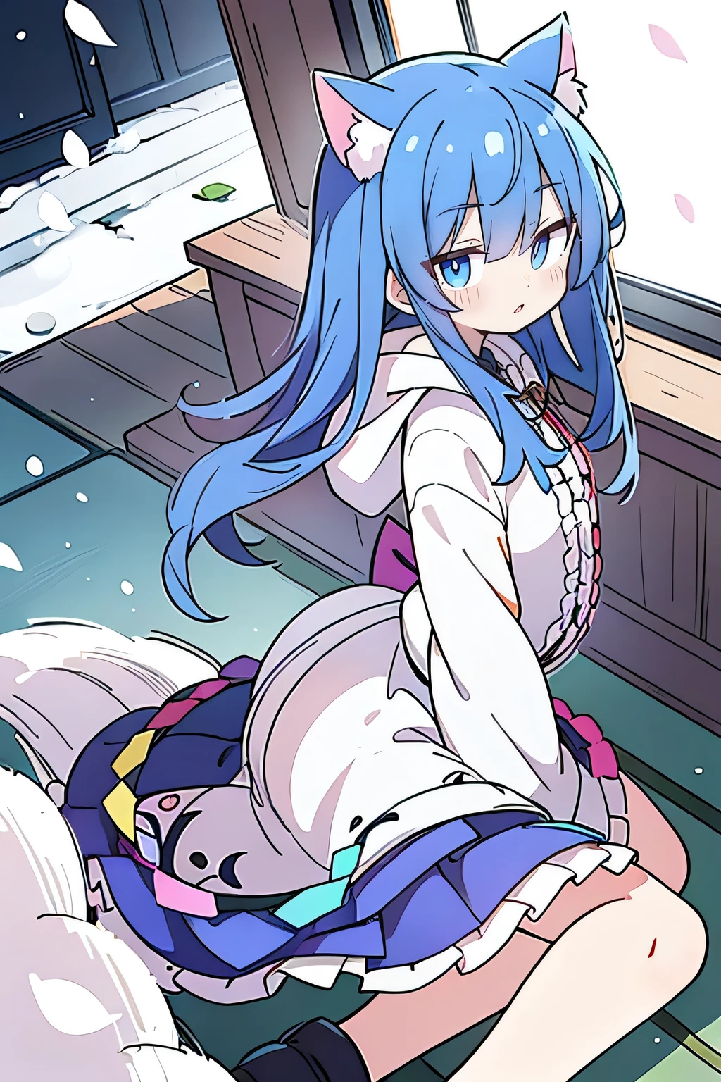 （masterpiece：1.2），Super detailed，lifelike，Expressive eyes，fair skin，perfect face shape，1 girl，
Japanese comics,Gorgeous blue hair,flowing blue hair,flowing clothes,Cat ears,Petals fall,beautiful lola,Baby Angel,
Shaking head with one hand，Cross your legs，Gentle and peaceful background，The pavilion is cool and comfortable,smile, wearing hoodie, background of tokyo,back views,snowing, winter.
