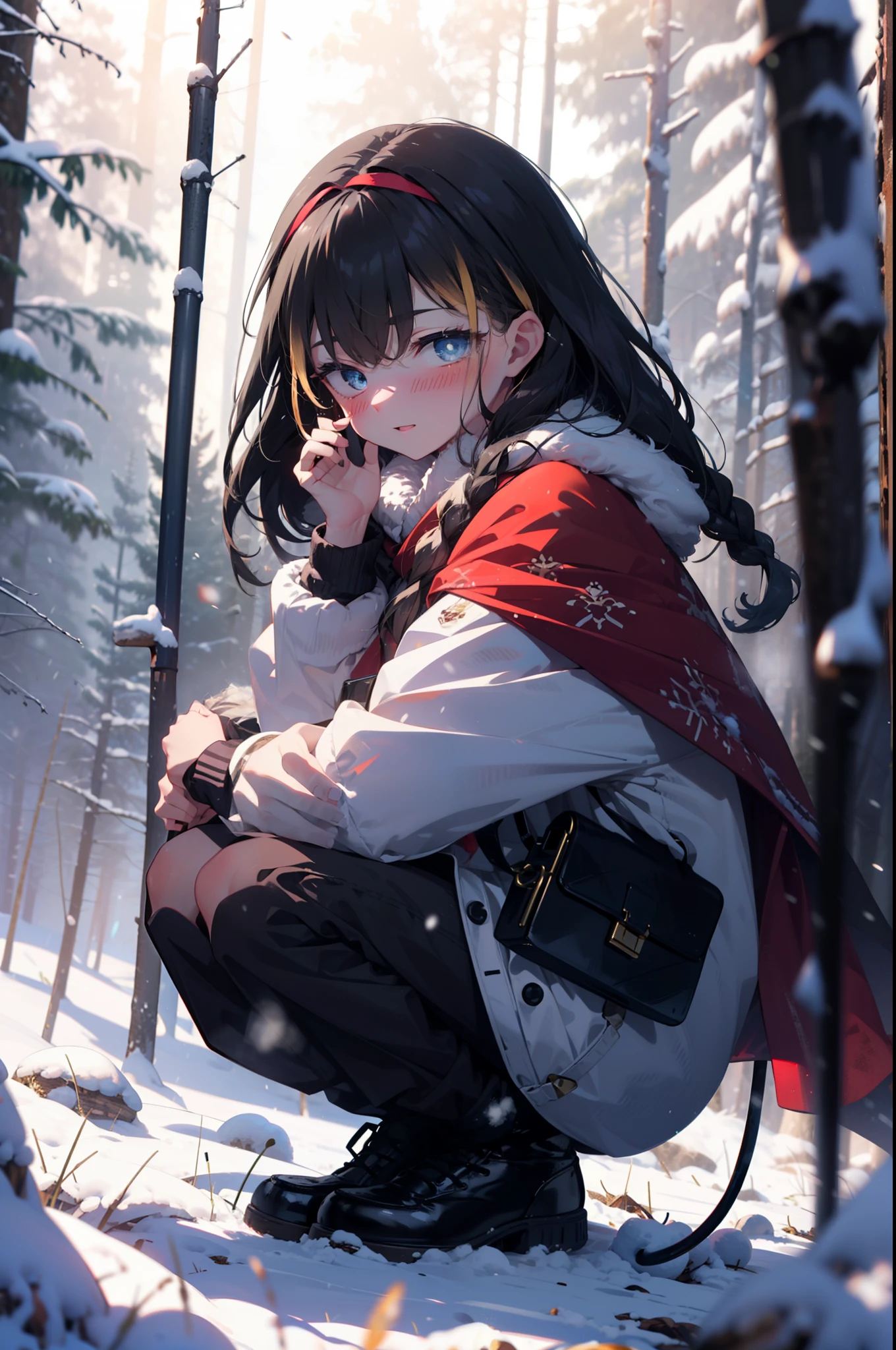 small, small, Black Hair, blue eyes, demon tail, hair band, Long Hair, mechanical tail, Multicolored Hair, tail, smile,blush,White Breath,
Open your mouth,snow,Ground bonfire, Outdoor, boots, snowing, From the side, wood, suitcase, Cape, Blurred, having meal, forest, White handbag, nature,  Squat, Mouth closed, Cape, winter, Written boundary depth, Black shoes, red Cape break looking at viewer, Upper Body, whole body, break Outdoor, forest, nature, break (masterpiece:1.2), highest quality, High resolution, unity 8k wallpaper, (figure:0.8), (beautiful detailed eyes:1.6), extremely detailed face, Perfect lighting, extremely detailed CG, (Perfect hands, Perfect Anatomy),
