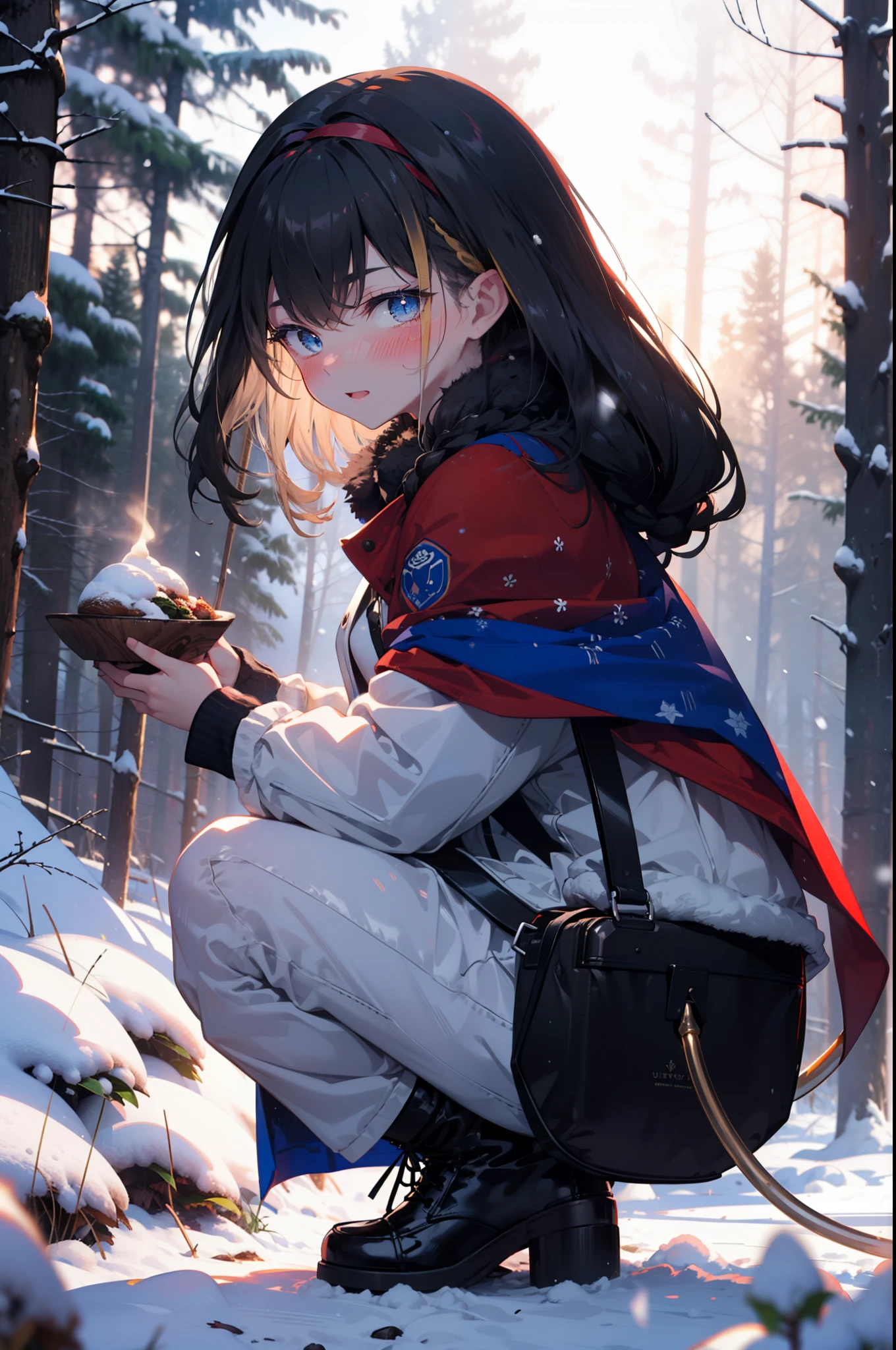 small, small, Black Hair, blue eyes, demon tail, hair band, Long Hair, mechanical tail, Multicolored Hair, tail, smile,blush,White Breath,
Open your mouth,snow,Ground bonfire, Outdoor, boots, snowing, From the side, wood, suitcase, Cape, Blurred, having meal, forest, White handbag, nature, Squat, Mouth closed, Cape, winter, Written boundary depth, Black shoes, red Cape break looking at viewer, Upper Body, whole body, break Outdoor, forest, nature, break (masterpiece:1.2), highest quality, High resolution, unity 8k wallpaper, (figure:0.8), (beautiful detailed eyes:1.6), extremely detailed face, Perfect lighting, extremely detailed CG, (Perfect hands, Perfect Anatomy),