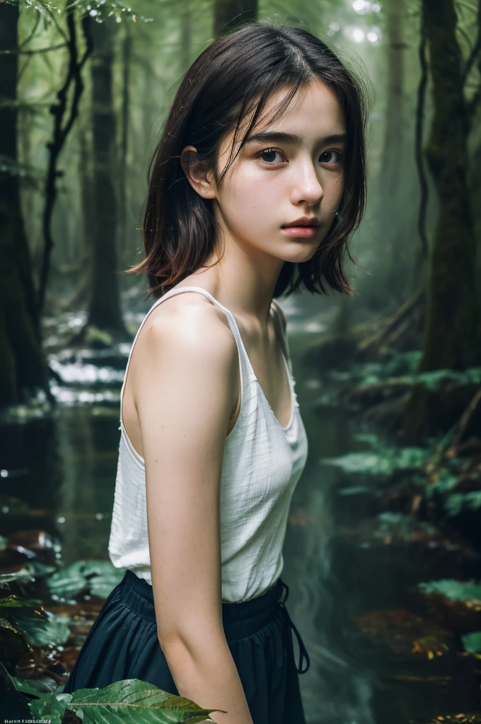 ( masterpiece, top quality, best quality,8k,17 years old girl,ultra detailed,raw photo:1.5),(photorealistic:1.4),(cinematic lighting), PerfectNwsjMajic, , Surrealism, UHD, ccurate, Super detail, textured skin, High detail, Best quality, dynamic angle, (high nose,White skin),[Beautiful blue eyes],[flat chest:large breasts:0.5],(1girl),(good anatomy:0.5)), shiny skin,detailed skin,detailed face,detailed eyes, beautiful japanese girl, in the deep forest, (fog:1.2), raining, puddle, mist, water, pour down, many trees, upper body