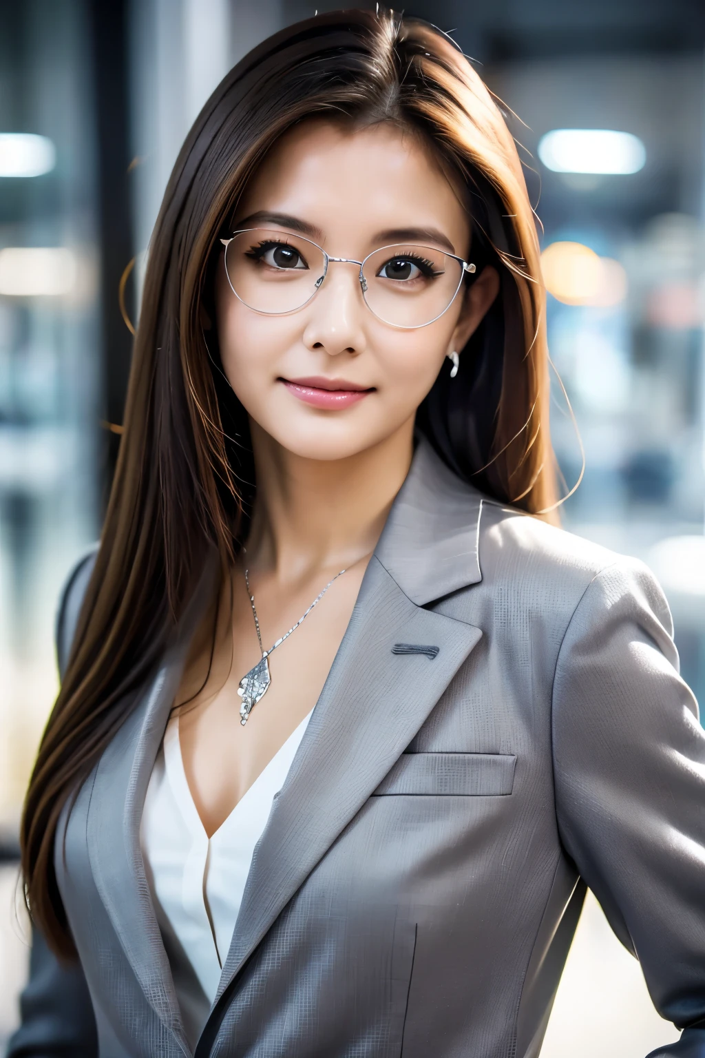 最high quality, 8k, masterpiece, Realistic, high quality, Beautiful and exquisite face and eyes, OL, Grey suit, Half Body Shot, Professional Lighting, Vibrant colors, Confident expression, Facing forward, (Looking into the camera), Modern office environment, Warm tones, Sharp details, Glossy finish, Cleavage, ((Silver-rimmed glasses))