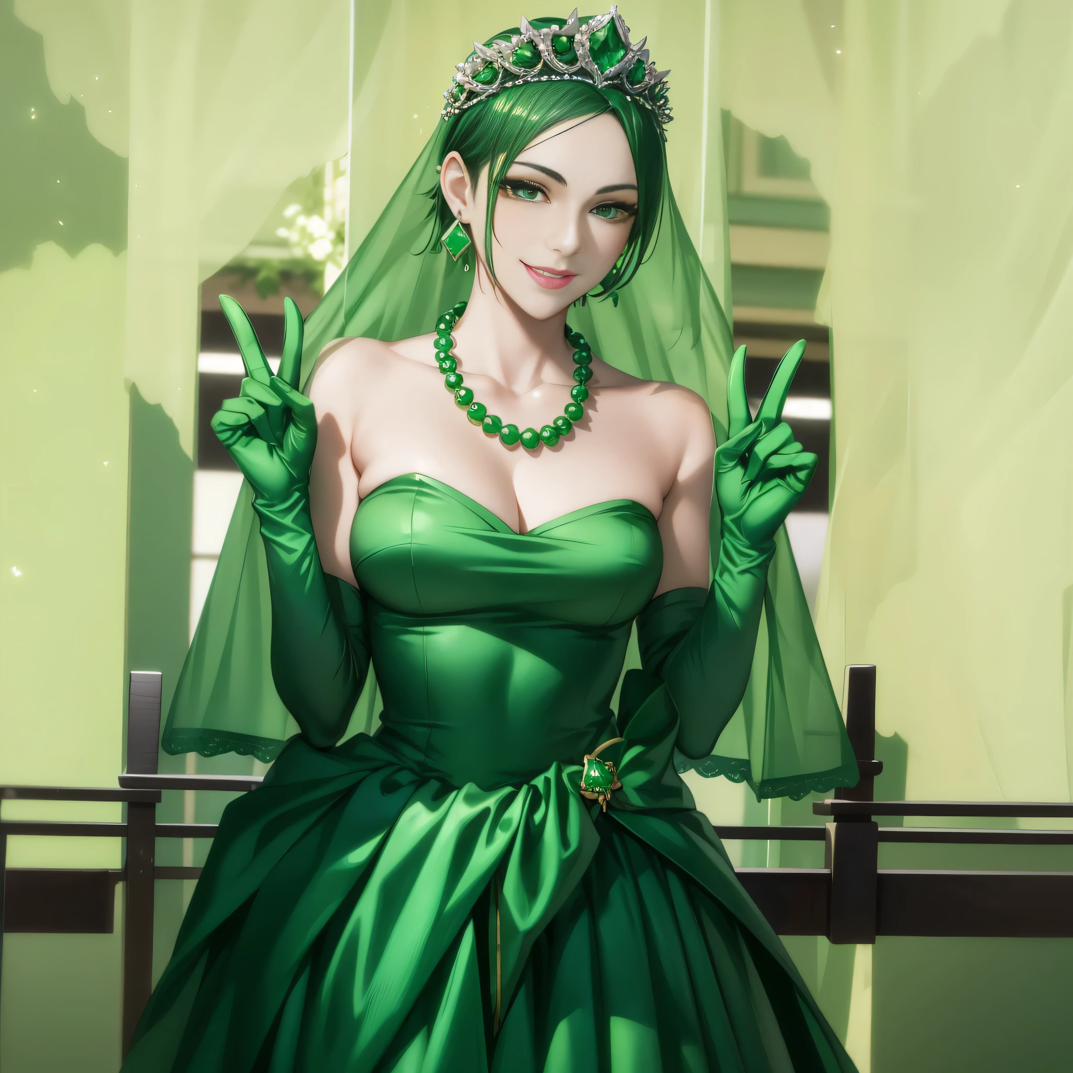 Emerald tiara, Green Pearl Necklace, Boyish very short green hair, lipstick, Smiling Japanese woman, Very short hair, Big tits beautiful, Green Eyes, Long green satin gloves, Green Eyes, v sign, Emerald Earrings, Green Veil
