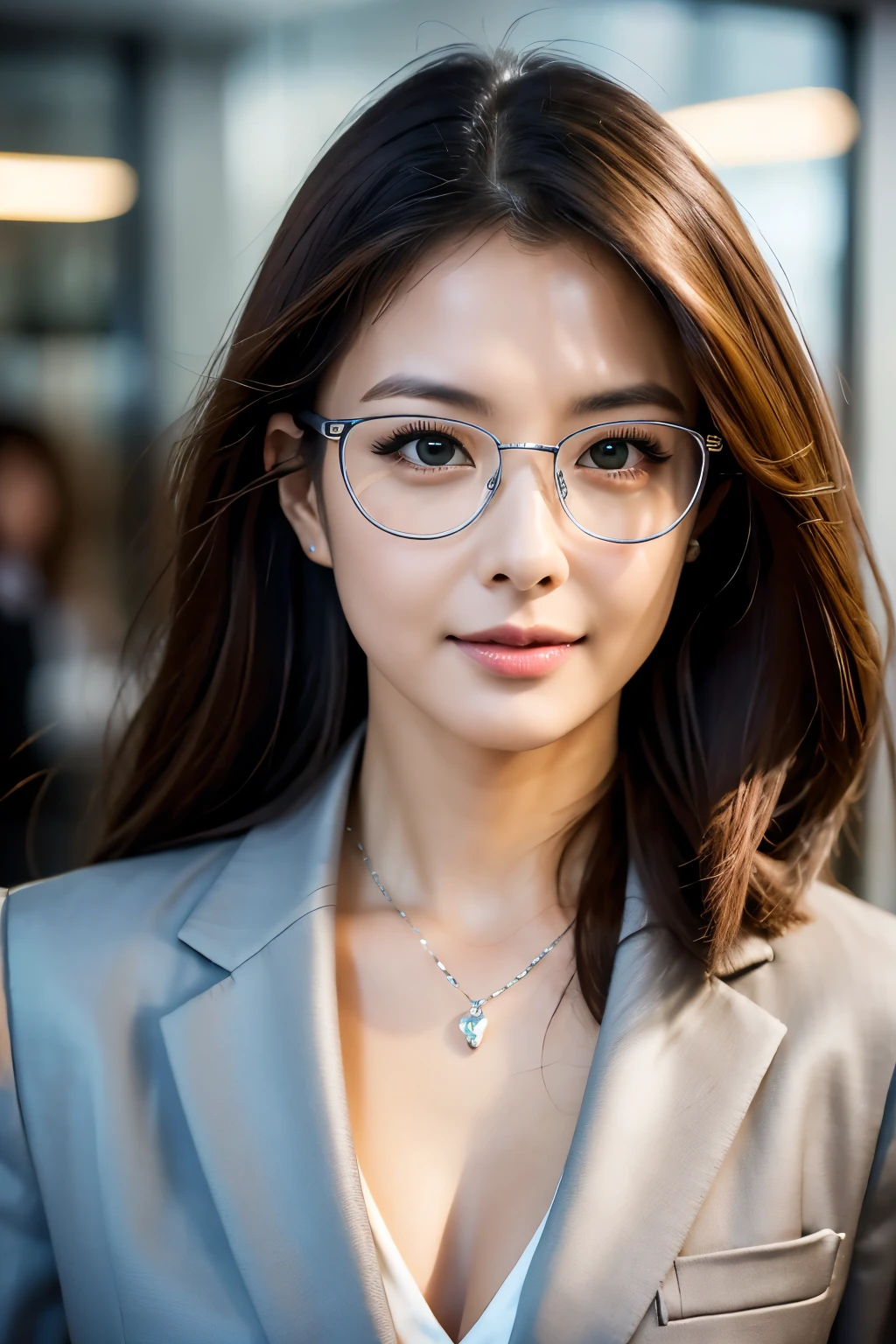 最high quality, 8k, masterpiece, Realistic, high quality, Beautiful and exquisite face and eyes, OL, Grey suit, Half Body Shot, Professional Lighting, Vibrant colors, Confident expression, Facing forward, (Looking into the camera), Modern office environment, Warm tones, Sharp details, Glossy finish, Cleavage, ((Silver-rimmed glasses))