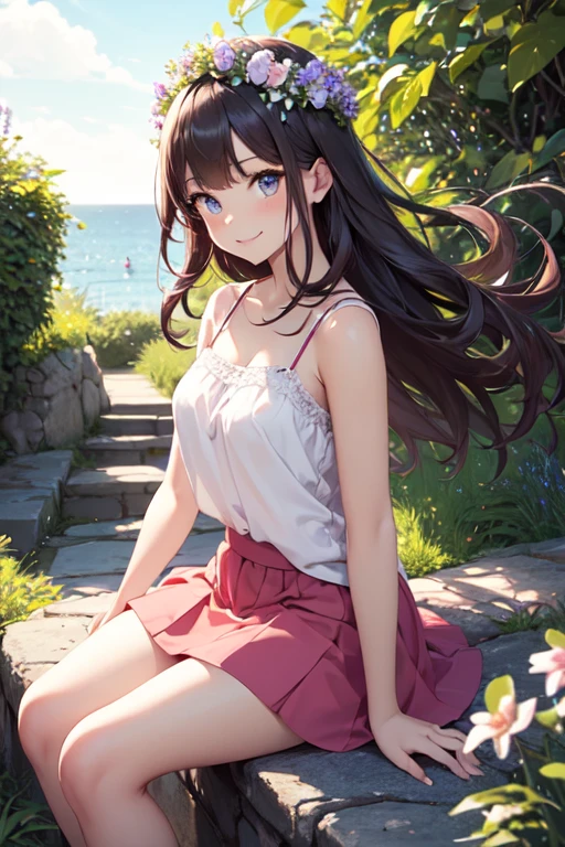 Very cute and beautiful girl wearing a white flower crown,White camisole、Pink mini skirt、knee up、sit、
(Very exquisite beautiful face and eyes:1.2),(Lavender Garden),stone path,Distant Sea,Beautiful summer sky,
(Mid Shot:1.15),Leg details,smile、Dynamic Angle,View your viewers,
(highest quality,masterpiece:1.2),(Intricate details),1 girl,alone,High resolution,Natural light,Hair blowing in the wind,