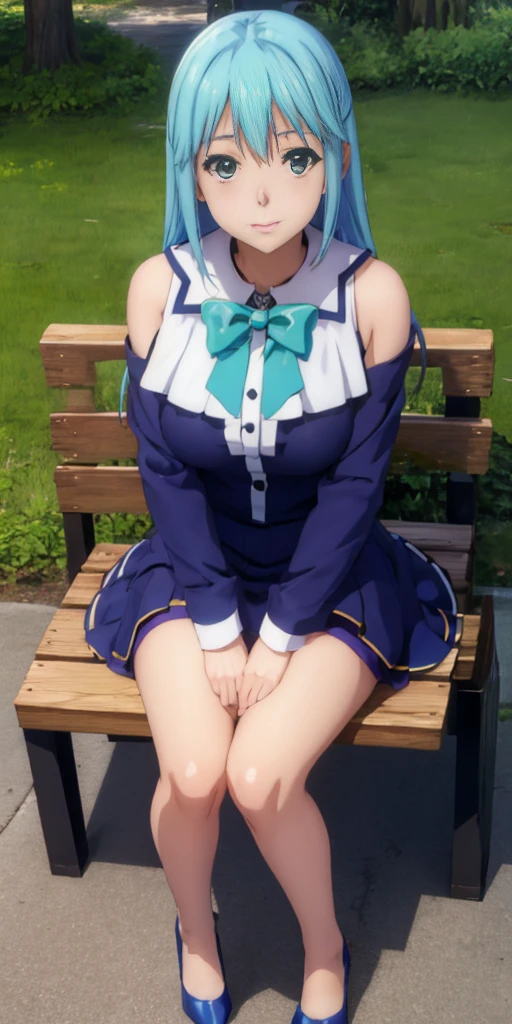 anime illustration art of a cute girl sitting in park (Aqua) hiding hands, blue high heels, feet together, sit on wooden bench