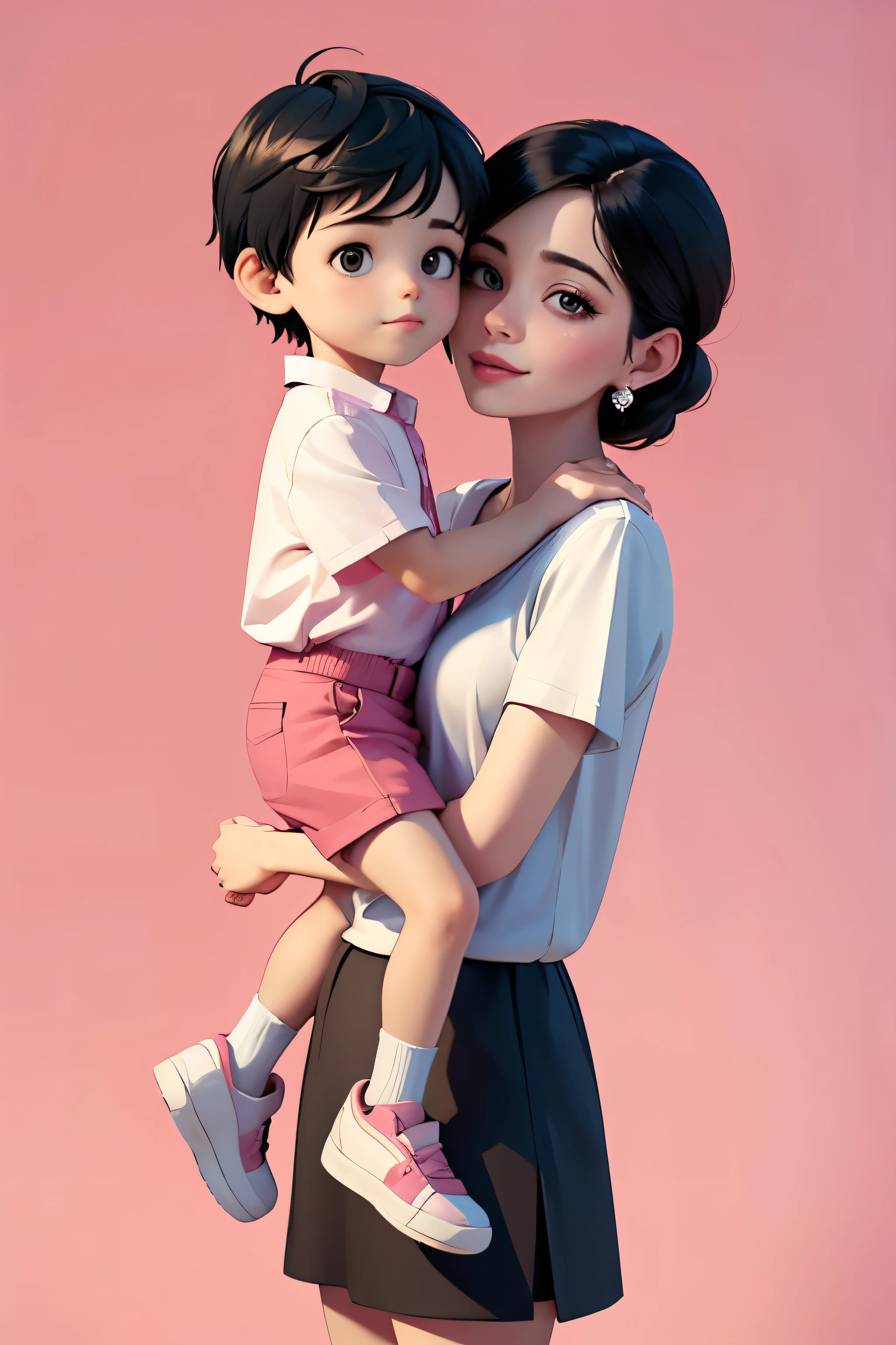 "Mother holding  boy in her arms and looking at each other", black hair, I saw my mother wearing a skirt, Saw a littleearing shorts, Pink background main component, Practical, high resolution, high quality, Very high quality, best quality, Ultra Detailed, Very detailed,