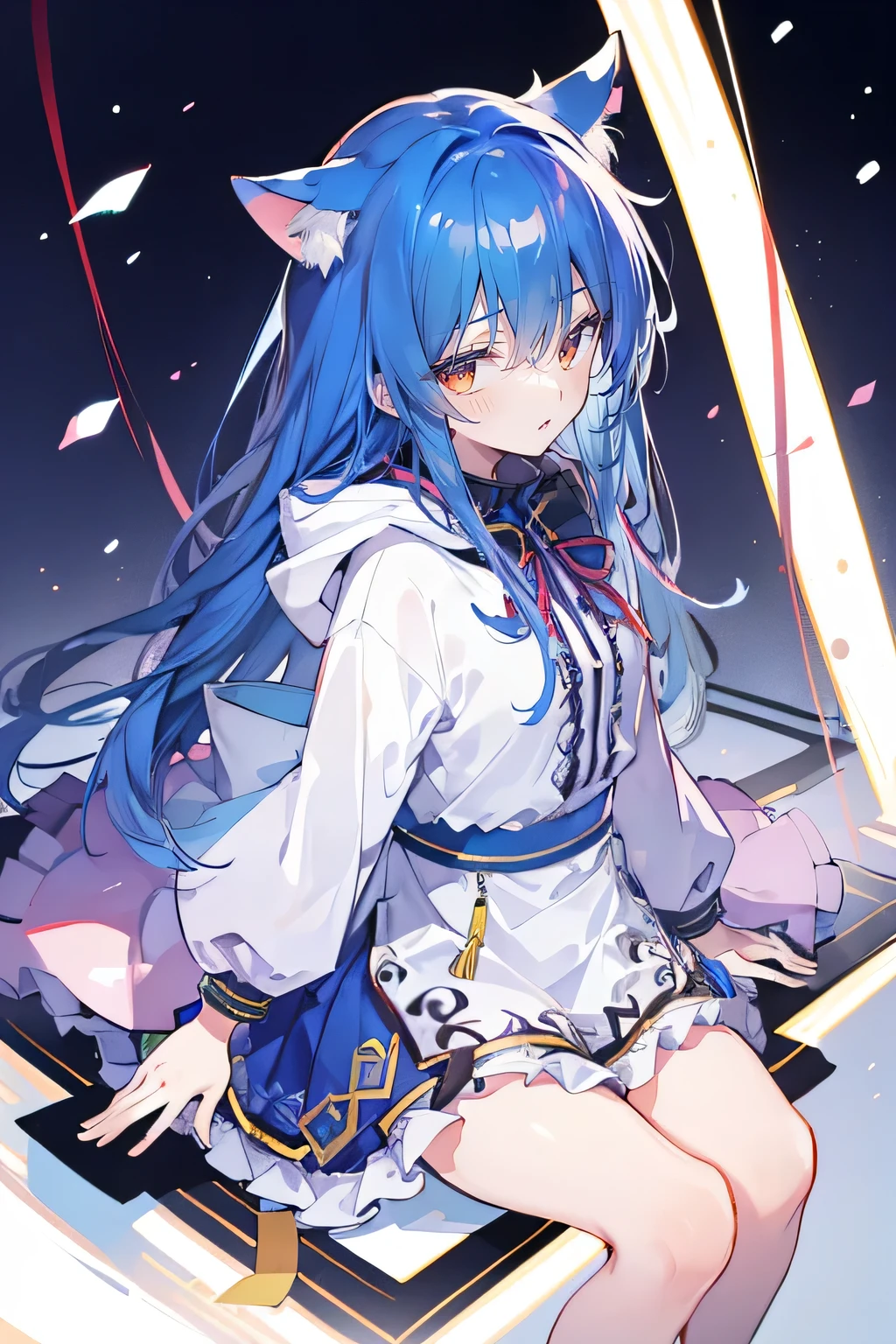 （masterpiece：1.2），Super detailed，lifelike，Expressive eyes，fair skin，perfect face shape，1 girl，
Japanese comics,Gorgeous blue hair,flowing blue hair,flowing clothes,Cat ears,Petals fall,beautiful lola,Baby Angel,
Shaking head with one hand，Cross your legs，Gentle and peaceful background，The pavilion is cool and comfortable,smile, wearing hoodie, background of tokyo,back views,snowing, winter.
