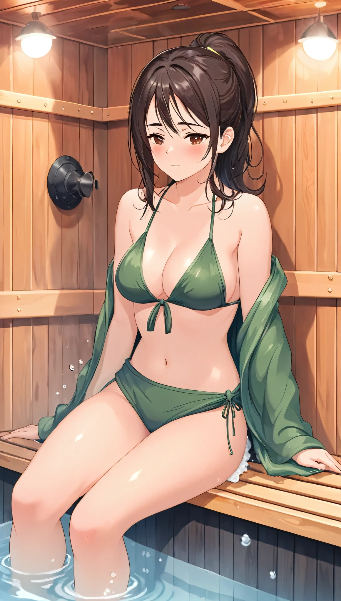 ((obra de arte, Maximum quality, high resolution)), ((papel de parede cg unificado 8k altamente detalhado)), Uma mulher, Relaxando em uma sauna, with a face of shame because he was almost showing his private parts and all wet from the hot water