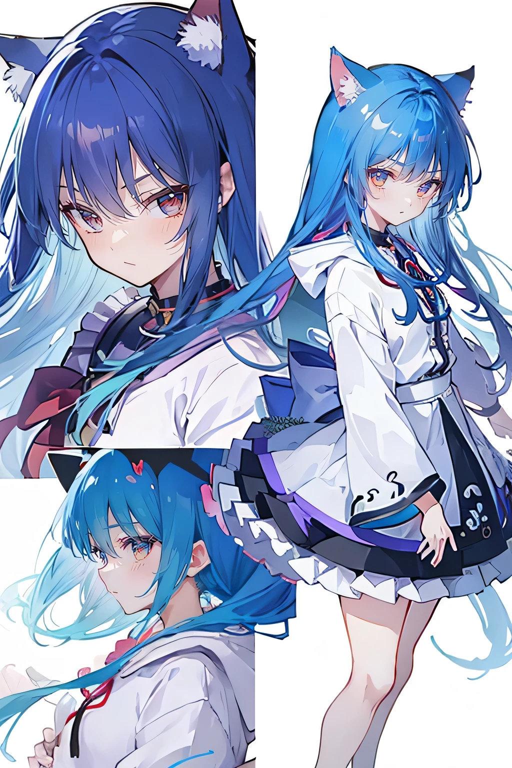 (masterpiece:1.2),Super detailed,lifelike,Expressive eyes,fair skin,perfect face shape,1 girl,
Japanese comics,Gorgeous blue hair,flowing blue hair,flowing clothes,Cat ears,Petals fall,beautiful lola,Baby Angel,
Shaking head with one hand,Cross your legs,Gentle and peaceful background,The pavilion is cool and comfortable,smile, wearing hoodie, background of tokyo,back views,snowing, winter.