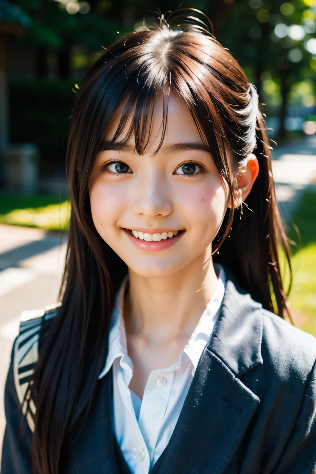 lens: 135mm f1.8, (highest quality),(RAW Photos), (Tabletop:1.1), (Beautiful  Japanese girl), Cute face, (Deeply chiseled face:0.7), (freckles:0.4), dappled sunlight, Dramatic lighting, (Japanese School Uniform), (On campus), shy, (Close-up shot:1.2), (smile),, (Sparkling eyes)、(sunlight)
