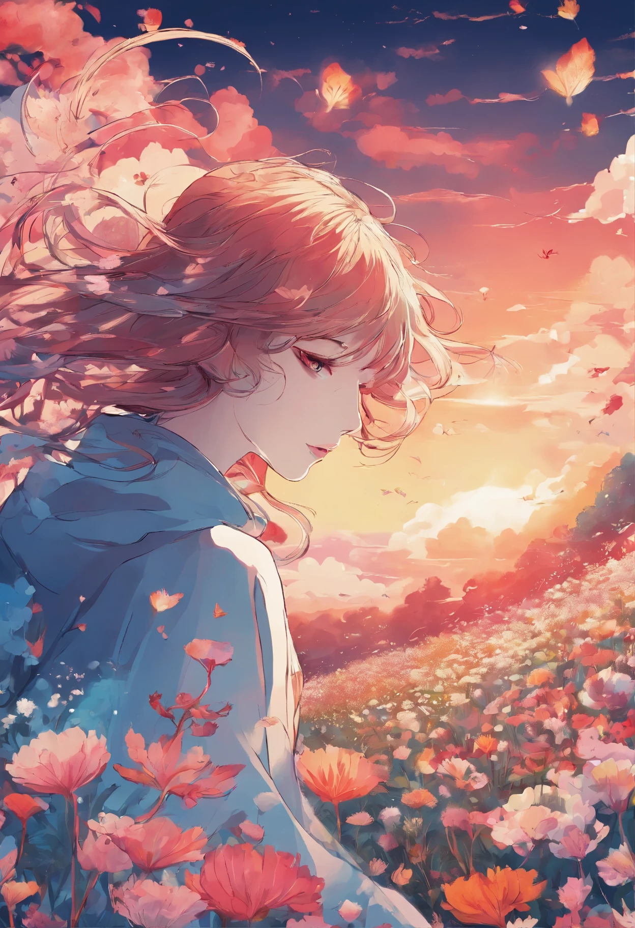 a woman in a field of flowers with a sky background, digital art inspired by Cyril Rolando, trending on Artstation, digital art, beautiful digital artwork, realistic digital art 4k, realistic digital art 4 k, beautiful digital art, 4k highly detailed digital art, beautiful digital illustration, gorgeous digital art, 8 k realistic digital art, beautiful digital painting
