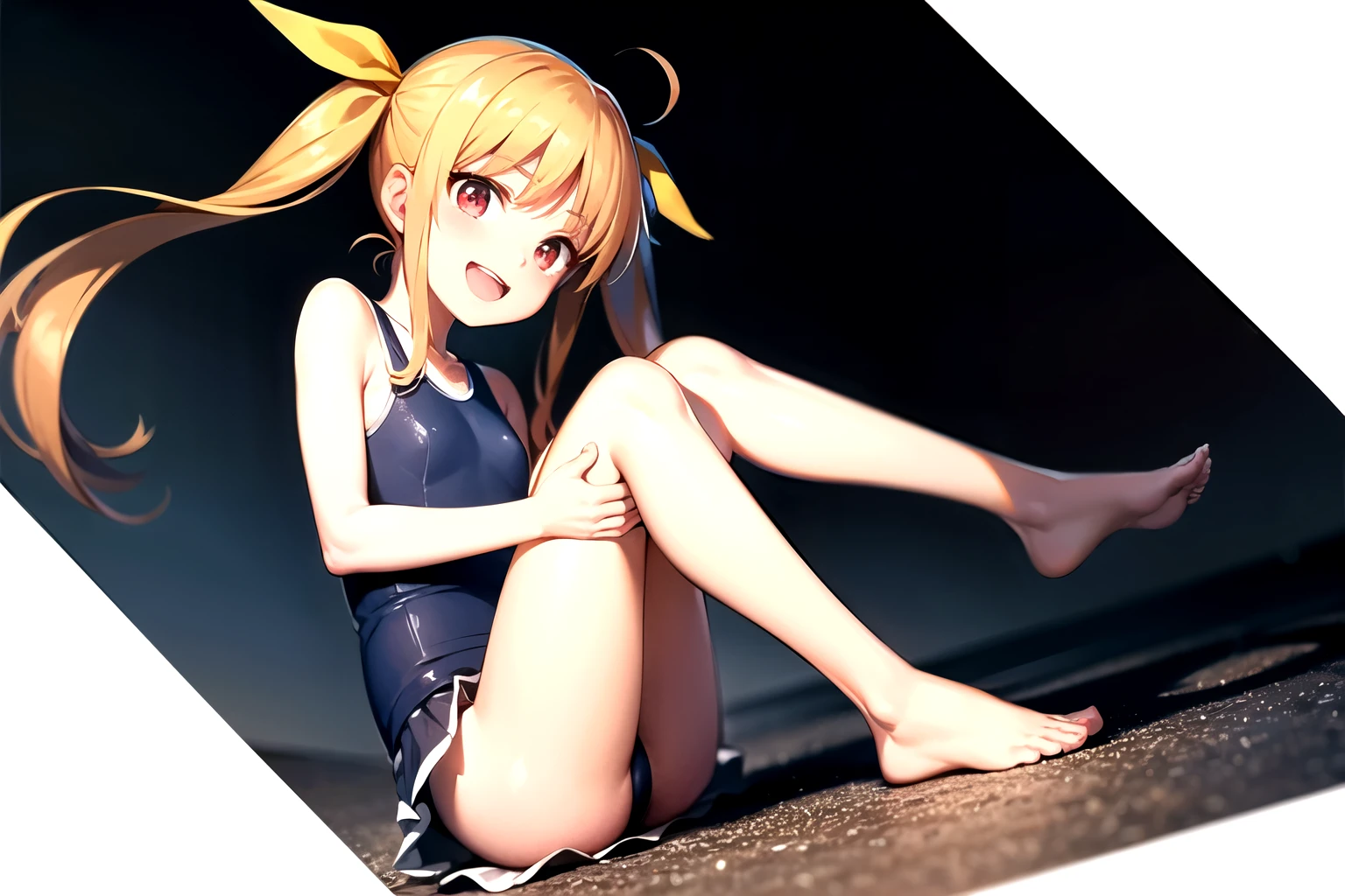 (masterpiece, best quality, ultra-highdetail, extremely detailed illustration,intense shadows, 8k quality), (Fate Testarossa:1.3, Magical Girl Lyrical Nanoha, red eye, twintails, hair ribbon black color, blonde hair), NSWF, front view, (depth of field:1.2), happy smile, embarrassed,sparkling pupils, gleaming skin, open mouth, looking at viewer, full body, five fingers, school swimsuit white color, (, child), hugging own legs, very short pleated skirt, (low angle:1.2), from below,