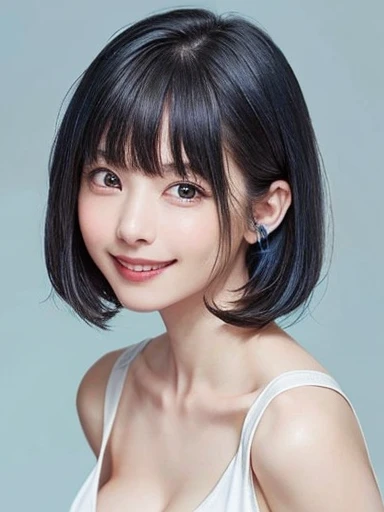 (software:1.8、masterpiece, highest quality),1 girl, alone, have, Realistic, Realistic, Looking at the audience, Light brown eyes, Brunette short bob hair with highly detailed shiny hair, short hair:1.8、Beautiful face in symmetry、Spring Clothes:1.6, Whity, lips, bangs, Outdoor, Mouth closed, Upper Body、Big eyes、eyelash、((Very simple and blue background:1.8))、(((bangsのあるshort hair、Big eyes、big and full bust、Looking at the audience、Beautiful beauty、show me your ears、Long neck、smile、please close your mouth and smile)))、Ideal body type、((({Huge|big|Huge|Mega} Chest 2, Cleavage:2、Happy smile、Beautiful Teeth、)))