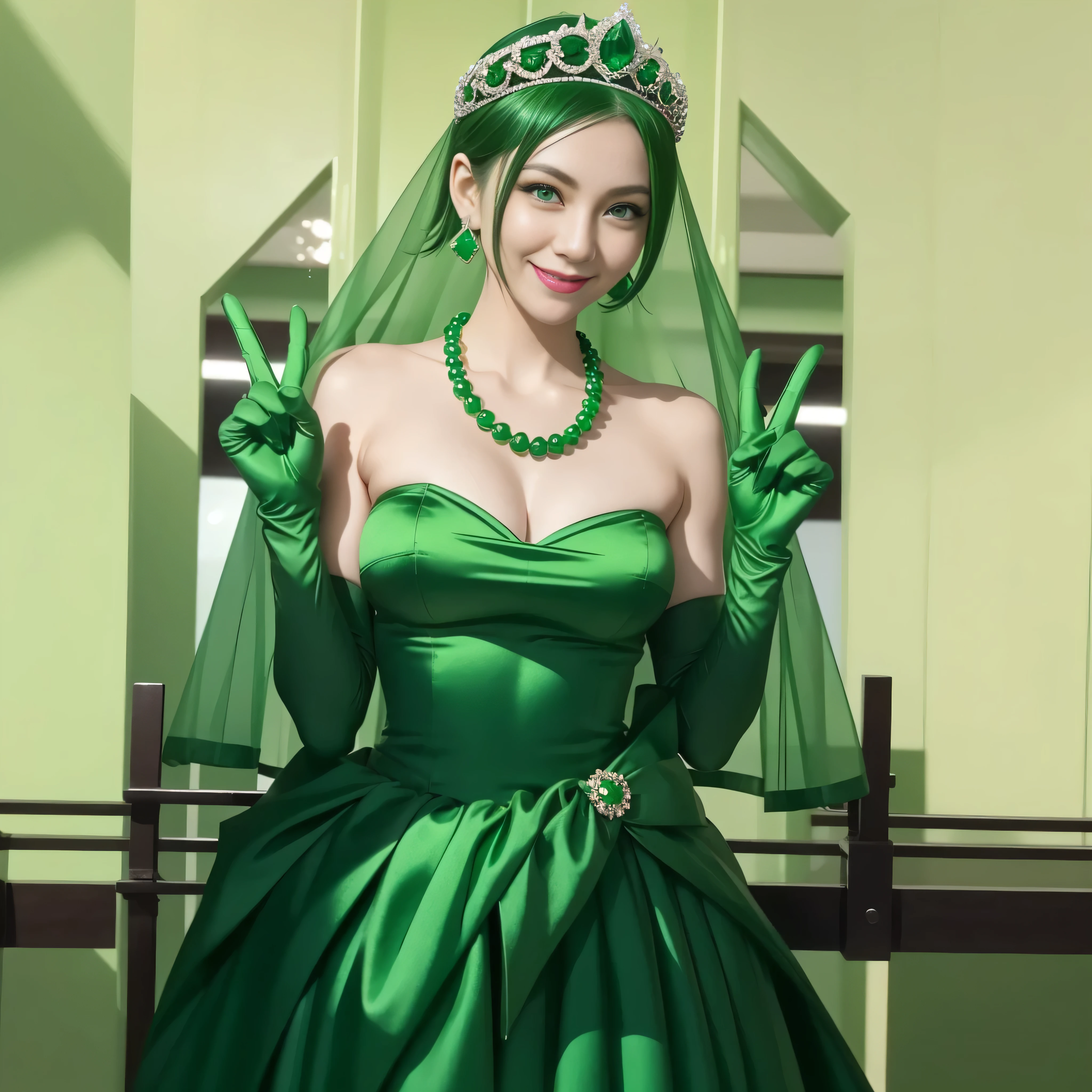 Emerald tiara, Green Pearl Necklace, Boyish very short green hair, lipstick, Smiling Japanese woman, Very short hair, Big tits beautiful, Green Eyes, Long green satin gloves, Green Eyes, v sign, Emerald Earrings, Green Veil