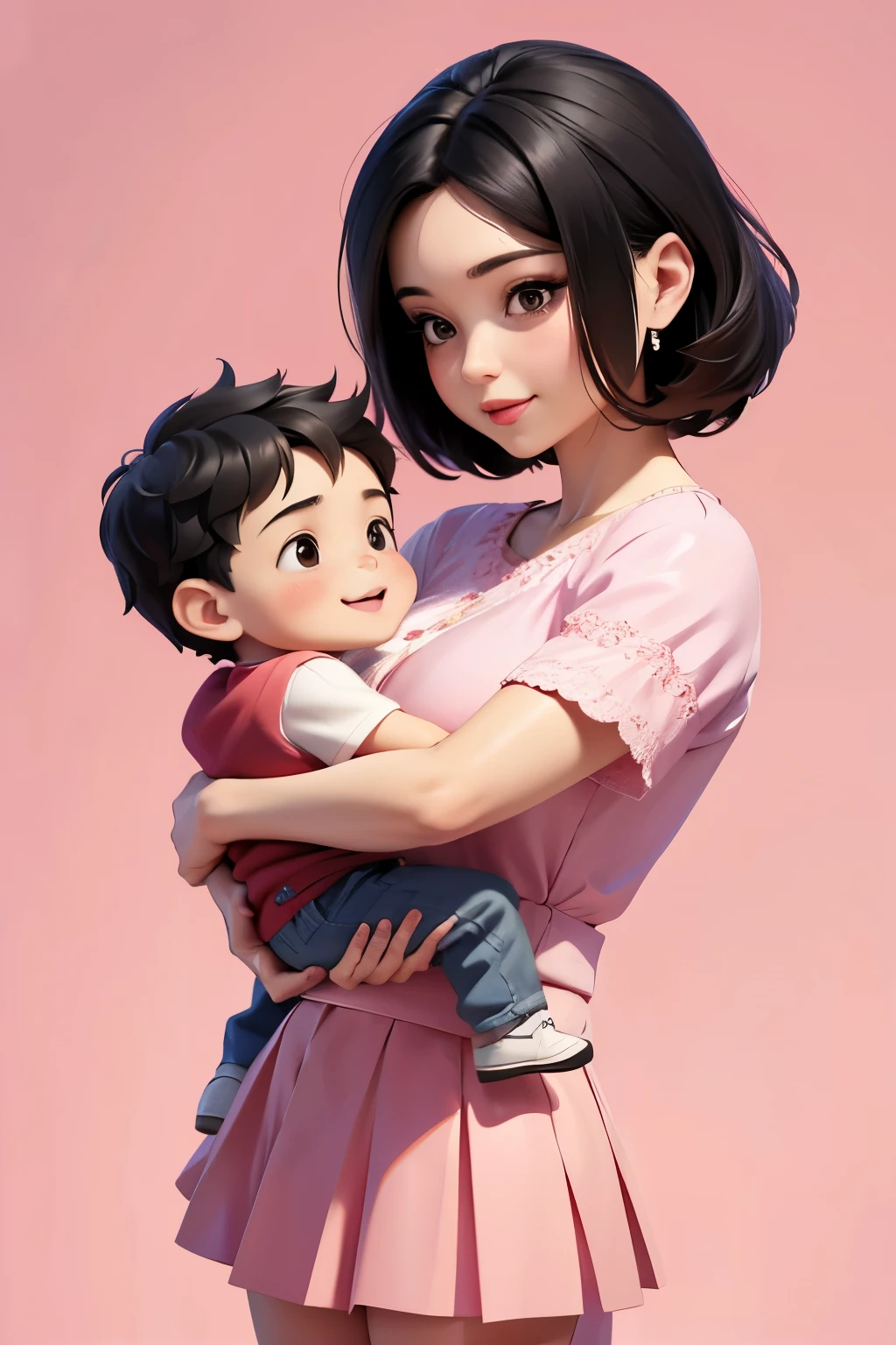 "Mother holding ********** in her arms looking at each other，Deep affection", black hair, I saw my mother wearing a skirt, Saw a ********** wearing shorts, Pink background main component, Practical, high resolution, high quality, Very high quality, best quality, Ultra Detailed, Very detailed,