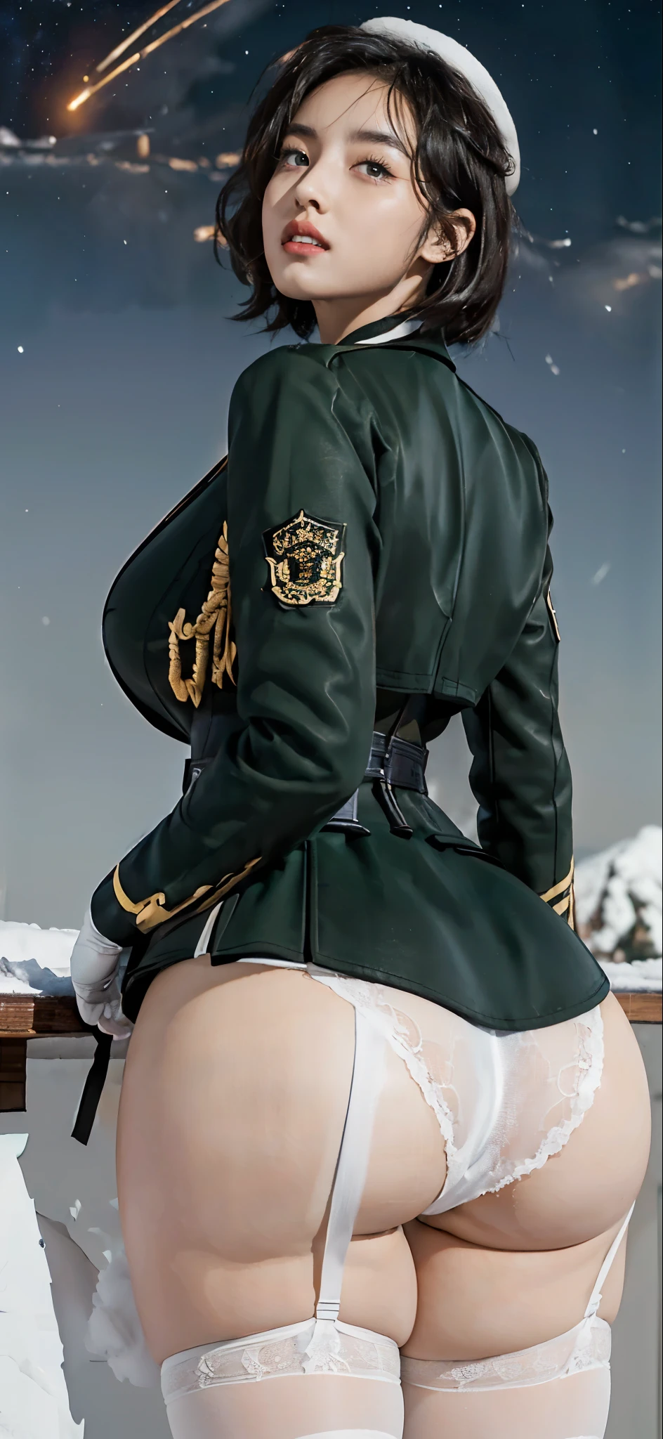 (cinematic lighting, textured skin, award winning, super detail, anatomically correct, UHD, 1080P, HD, 16k),Usually detailed CG Unity 8K wallpaper，（masterpiece），（best qualtiy），（ultra - detailed），（Ultra photo realsisim），（best character detail：1.36），Nikon D750 f / 1.4 55mm，RAW photo，profesional lighting， physically-based renderingt, 1girll, Female soldier，(dark green military uniform，Fabric texture military uniform，(Long-sleeved suit))，(black necktie)，((White garter stockings:1.2),(white :1.25))，Bare legged，Plump legs，Black hair，(military hat)，((Large wavy curls,curly hair, hair behind ear, (bob cut)):1.2)，the golden ratio,[:(com rosto detalhado:1.2):0.2]:，PureErosFace_V1，thick bushy eyebrows，broad shoulder,(gigantic breas),(gigantic ass:1.55),(Pp thighs:1.45),(stick out buttocks:1.5),(tch:1.55),(I looked up from below:1.55)，((Hands on the buttocks，sitted，Look frhips，close-up shot from behind,Close-up Shot Shot))，((A bright smile，confideout):1.25),((On the snowy mountain，night，Starry Sky):1.35)，((Close-up of panties，Buttocks close up，facial closeupset sky，Gnshine，sunshine on face，The light shines on the face，Blue sky，setting sun，light glow，White teeth，(Look at me:1.3)，looking at me，((curvy accentuated booty，azur lane style，lit from behind)),