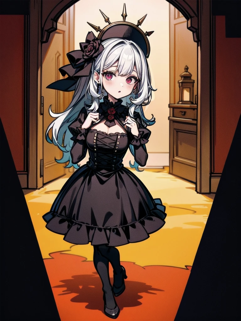 full body, (bloody huge axe), sickly, black dress, face veil, mansion, hall, absurdres, RAW photo, extremely delicate and beautiful, masterpiece, Best Quality, ultra high resolution, 32k, hyperrealistic, ultra-detailed description, pale skin, 20 years old, detailed beautiful face and eyes, tearful mole, earring, Colossal tits, short medium wavy hair,