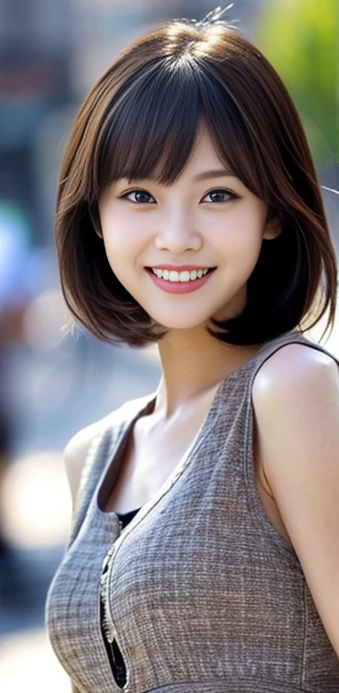 masterpiece, 1 beautiful girl, Beautiful Eyes, Swollen eyes, highest quality, 超High resolution, (reality: 1.4), Original photo, 1 girl, Cinema Lighting, smile, Japanese, Asian Beauty, Korean, clean, so beautiful, Beautiful Skin, thin, Cyberpunk Background, (超reality的な ), (High resolution), (8k), (Very detailed), (Best illustrations), (Beautiful fine details), (Very detailed), (wallpaper), (Detailed face), Beholder, The finer details, Detailed face, Pure erotic face ace_v1, smile, 46 point diagonal bangs, Look straight ahead, Dress neatly, Dark Eyes, Sleeveless, Body facing forward, short hair, Brown Hair, Messenger of God,