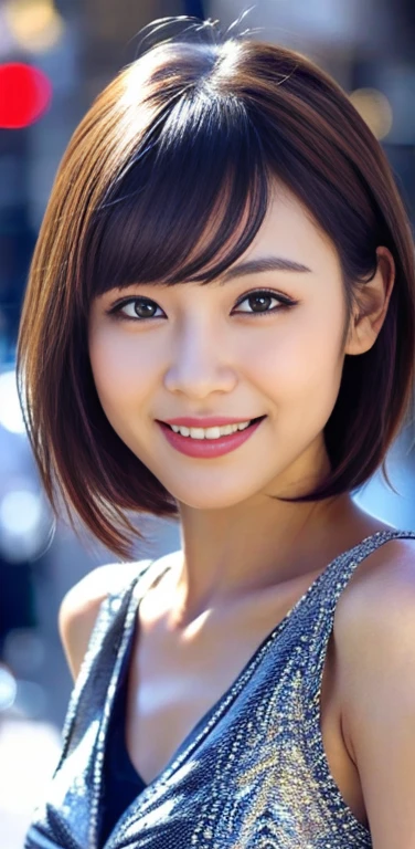 masterpiece, 1 beautiful girl, Beautiful Eyes, Swollen eyes, highest quality, 超High resolution, (reality: 1.4), Original photo, 1 girl, Cinema Lighting, smile, Japanese, Asian Beauty, Korean, clean, so beautiful, Beautiful Skin, thin, Cyberpunk Background, (超reality的な ), (High resolution), (8k), (Very detailed), (Best illustrations), (Beautiful fine details), (Very detailed), (wallpaper), (Detailed face), Beholder, The finer details, Detailed face, Pure erotic face ace_v1, smile, 46 point diagonal bangs, Look straight ahead, Dress neatly, Dark Eyes, Sleeveless, Body facing forward, short hair, Brown Hair, Messenger of God,