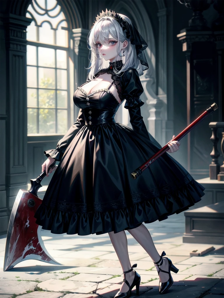 full body, (bloody huge axe), sickly, black dress, face veil, mansion, hall, absurdres, RAW photo, extremely delicate and beautiful, masterpiece, Best Quality, ultra high resolution, 32k, hyperrealistic, ultra-detailed description, pale skin, 20 years old, detailed beautiful face and eyes, tearful mole, earring, Colossal tits, short medium wavy hair,