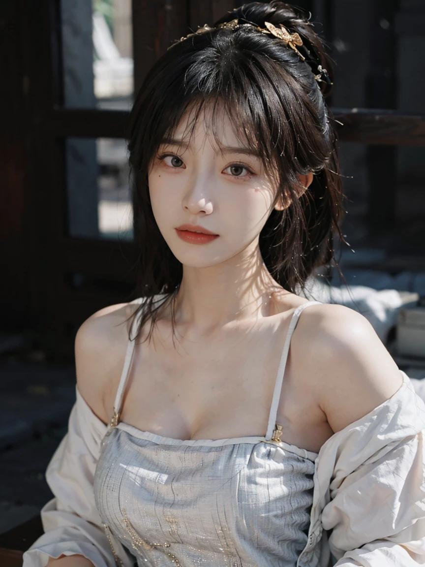 best quality， Ultra-high resolution， White background，（Upper Body：1.4）（Realistically：1.4）， 2个girl，（Medium shot：1.4K Gold），Short sleeve，Lovely，atmosphere，Different expressions，A pair of eyes as clear as snow,Royal sisters，girl，Looking at the audience， close up ，Cleavage，There are moles under the eyes，There is a butterfly tattoo on the chest，Mole on clavicle